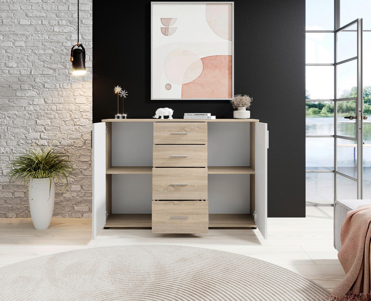 KOMMODE 120/82/35 cm  in Weiß, Sonoma Eiche  - Silberfarben/Schwarz, Design, Holzwerkstoff/Kunststoff (120/82/35cm) - Carryhome