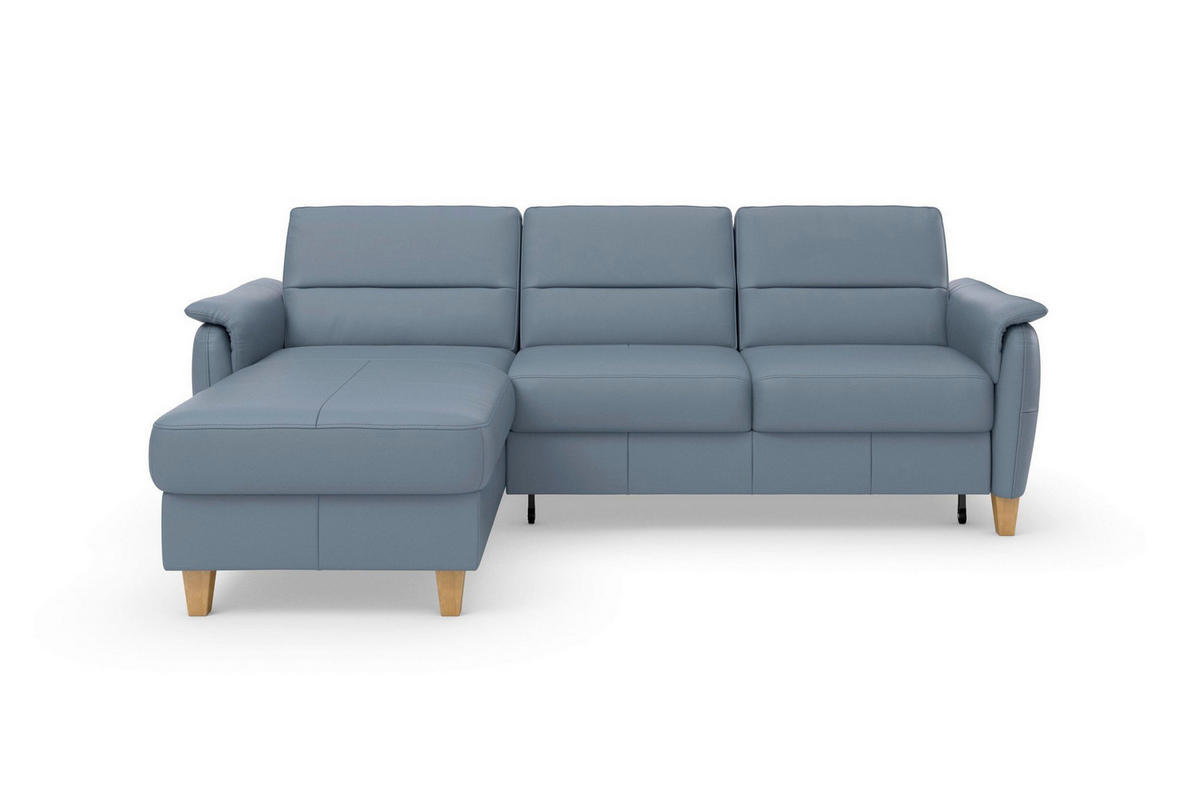 ECKSOFA PALMERA E Graublau Kombination Echtleder/Stoff Mikrofaser Bettkasten  - Graublau/Eichefarben, Basics, Leder/Holz (163/244cm) - Sit & More