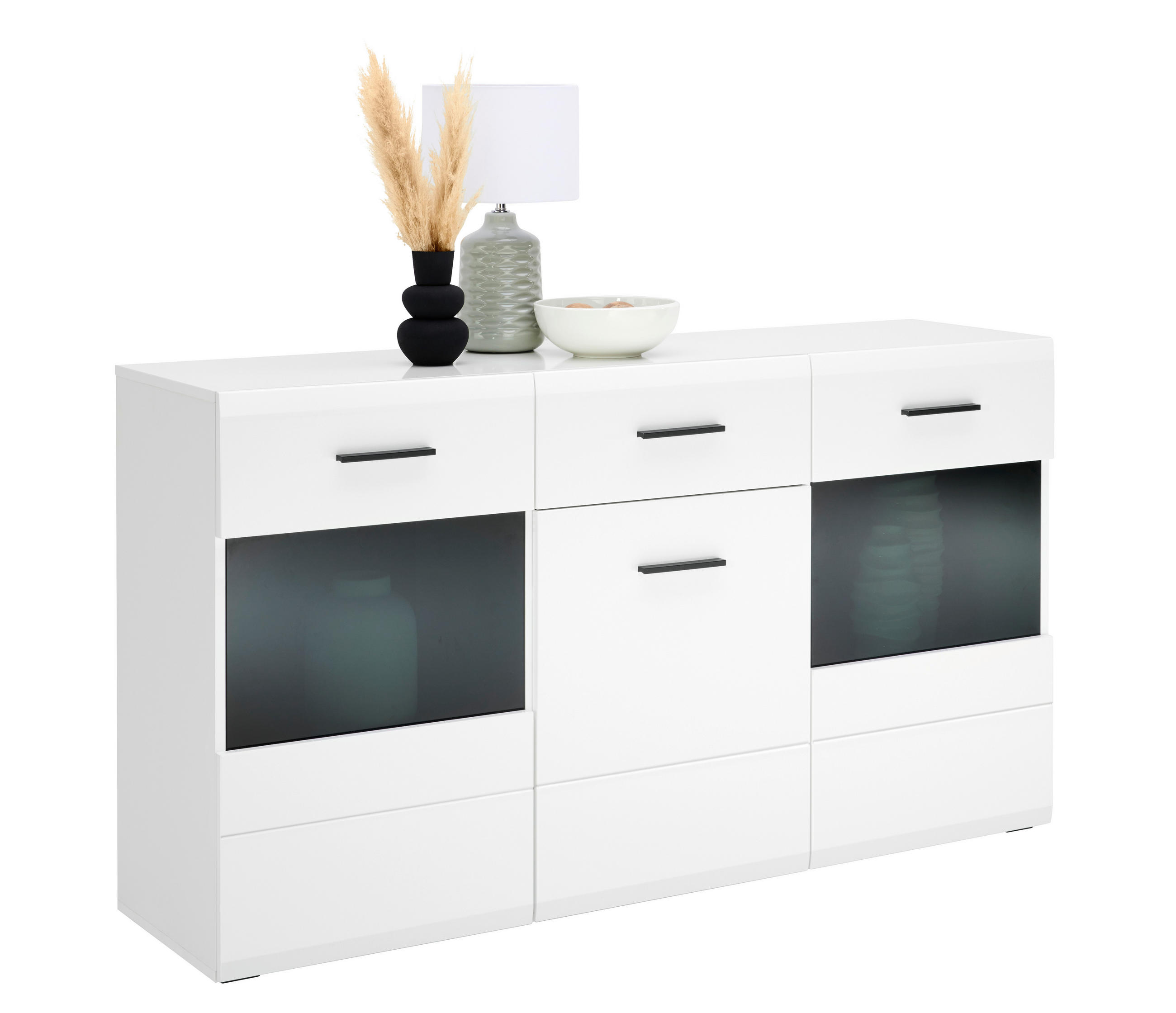COMODĂ CU UȘI 150/84,6/41,6 cm  - alb/antracit, Basics, plastic/sticlă (150/84,6/41,6cm) - Hom`in