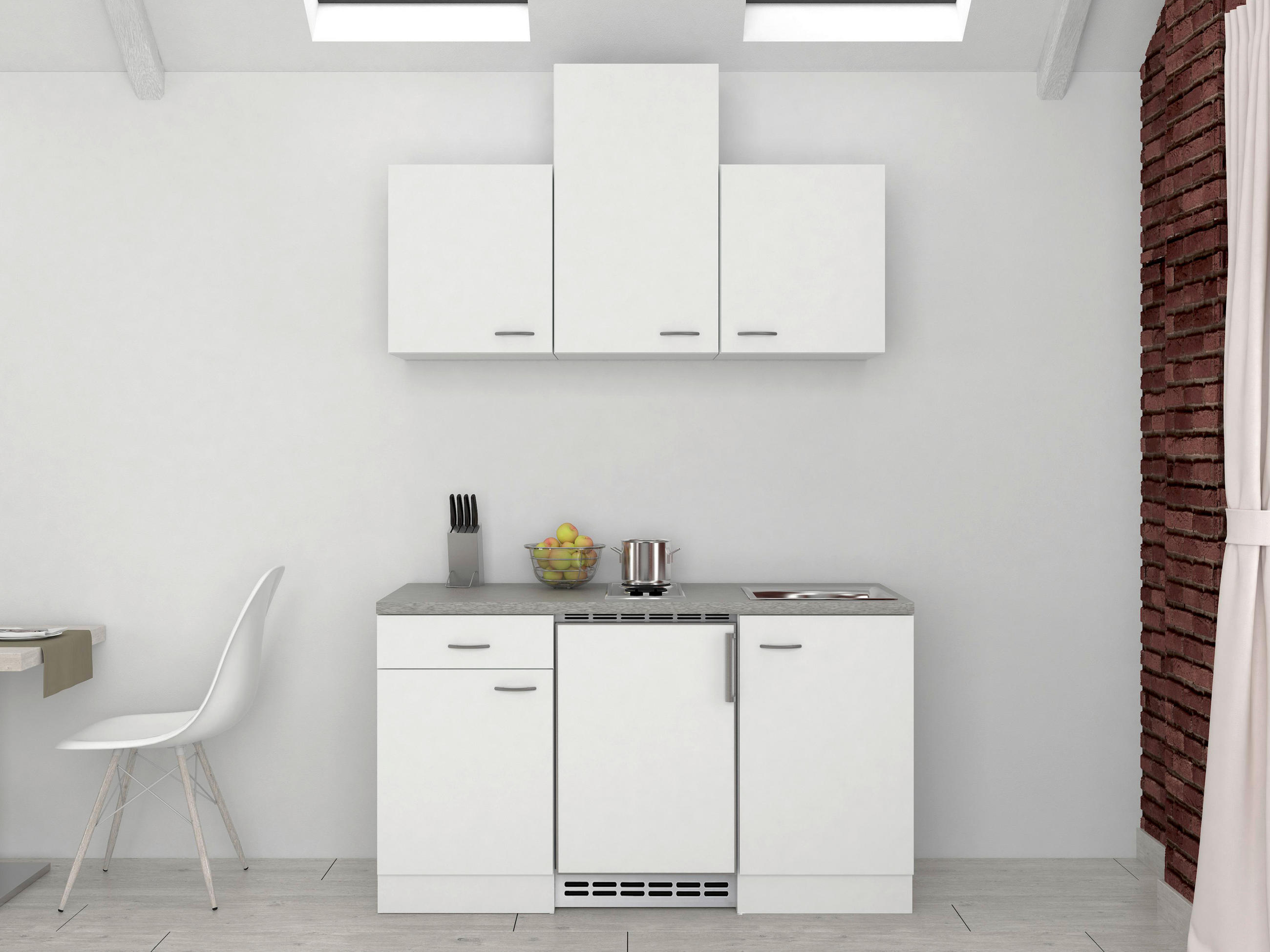 MINIKÜCHE 150 cm   in Grau, Weiß  - Weiß/Grau, MODERN, Holzwerkstoff (150cm) - FlexWell