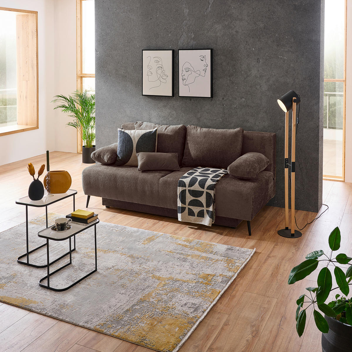 SCHLAFSOFA in Webstoff Greige  - Greige/Schwarz, Modern, Textil/Metall (200/90/100cm) - Ti'me