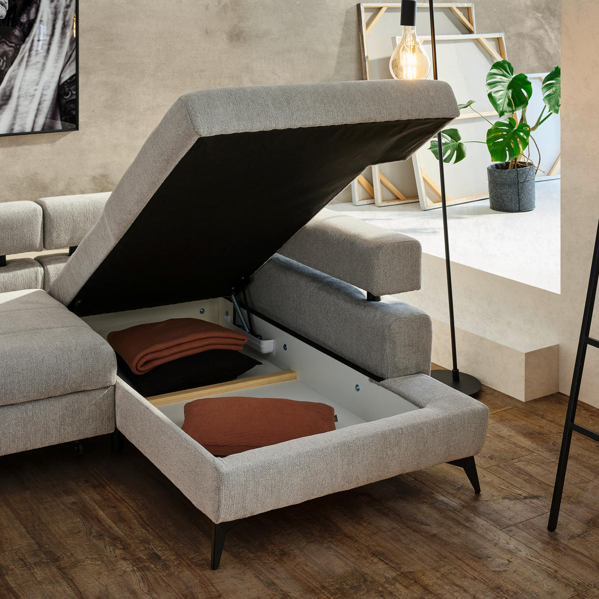 ECKSOFA Hellgrau Chenille  - Hellgrau/Schwarz, KONVENTIONELL, Textil/Metall (265/184cm) - Hom`in