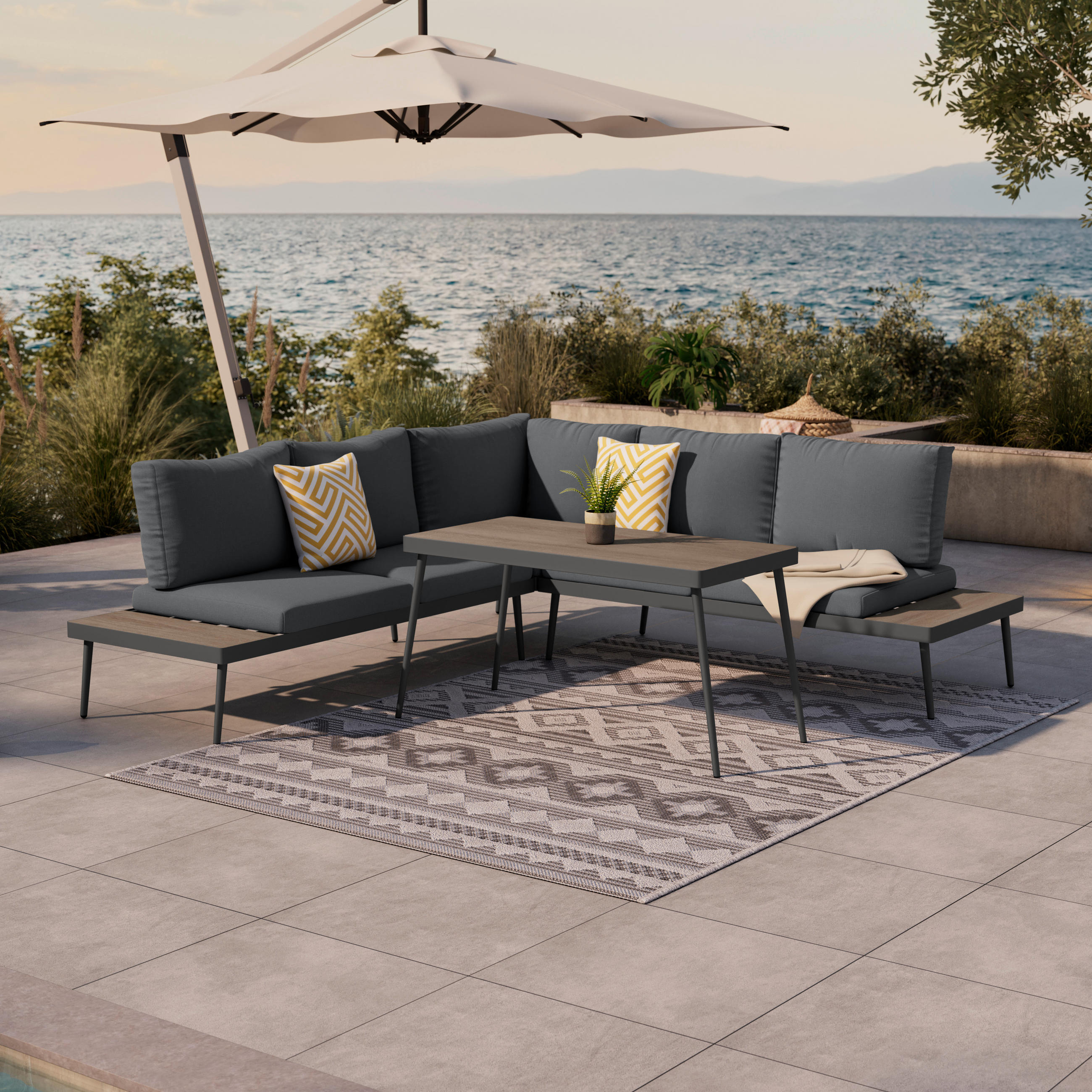 LOUNGE GARNITURA   metal, plastika, tekstil  prirodne boje, tamno siva    - tamno siva/prirodne boje, Moderno, metal/tekstil (226/226cm) - Beldano