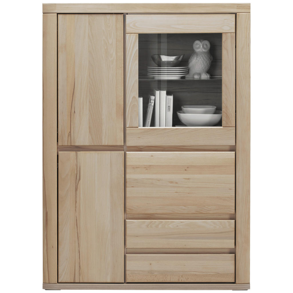 Thumbnail - Voleo Highboard, Alteiche, Glas, Holzwerkstoff, Eiche, massiv, 2 Holz + 1 Glas Fächer, 3 Schubladen, 98x140x38 cm, Typen...