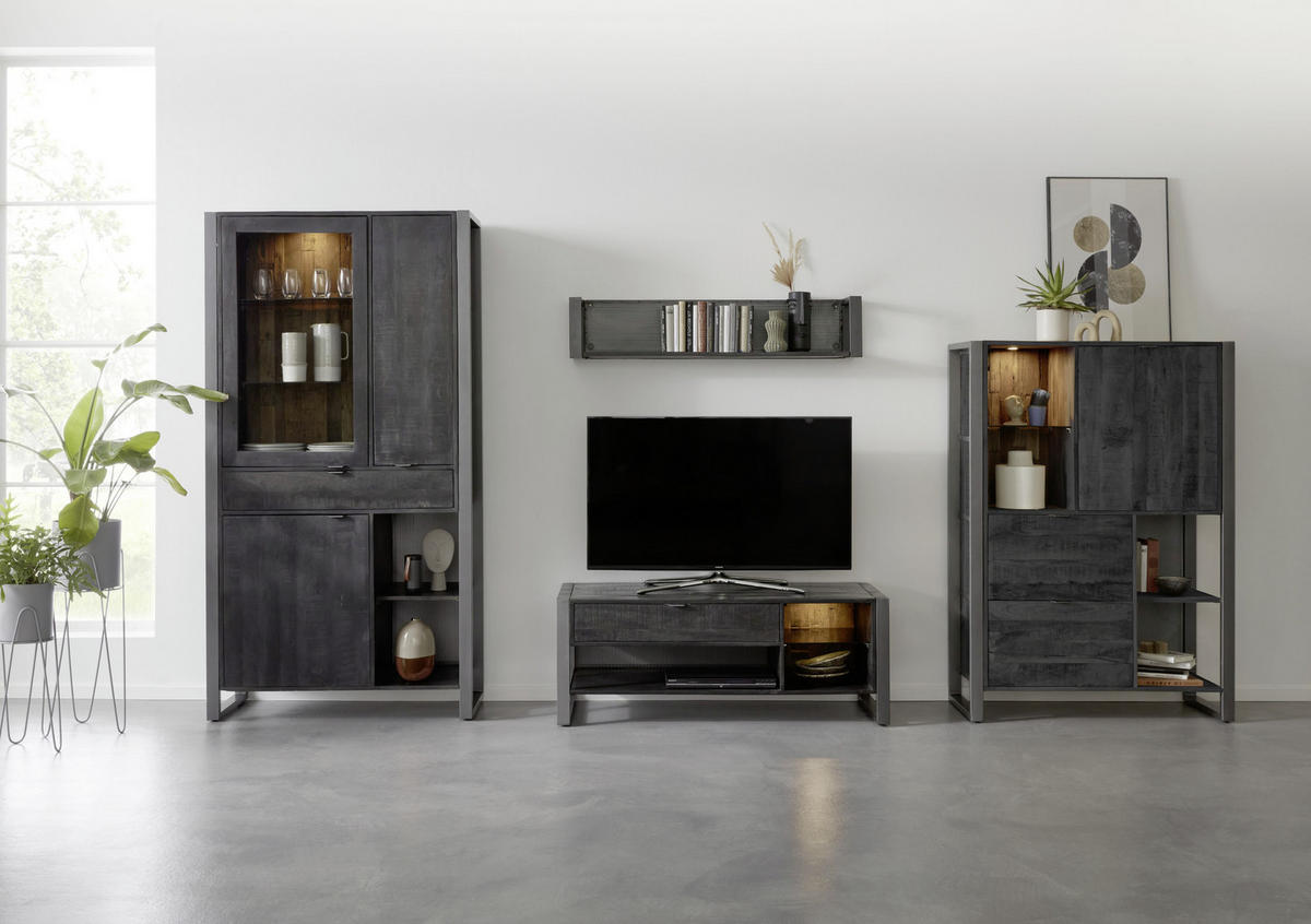 VITRINE in vollmassiv Mangoholz Schwarz  - Transparent/Anthrazit, Basics, Glas/Holz (104/200/40cm) - Livetastic