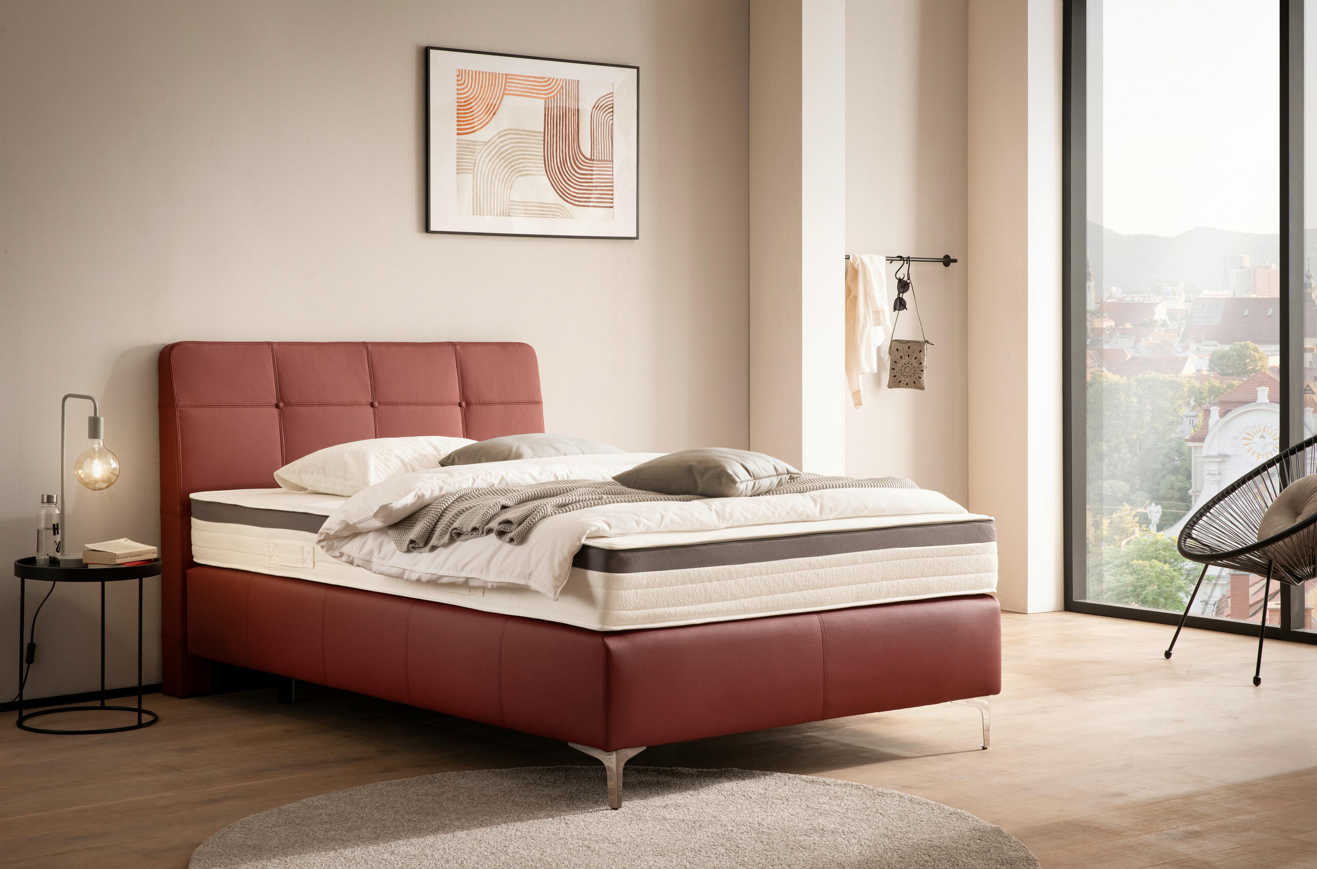 BOXSPRINGBETT 140/200 cm  in Bordeaux  - Chromfarben/Bordeaux, Basics, Leder/Holz (140/200cm) - Novel