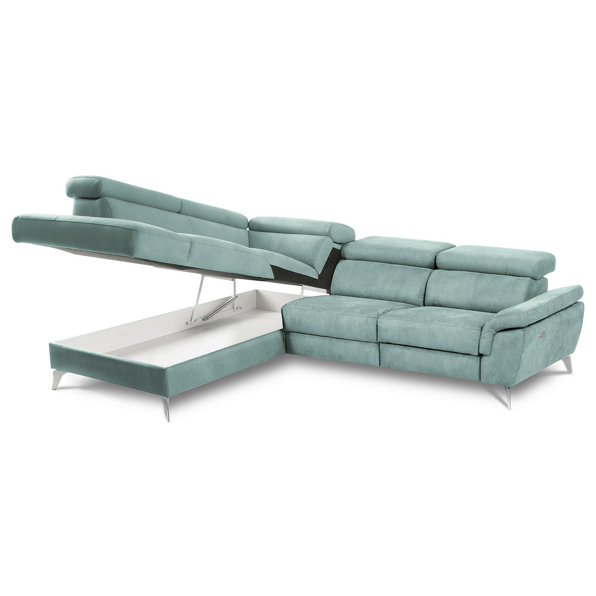 ECKSOFA SONO in Lederlook Hellblau Bettkasten, Armteilverstellung, Kopfteilverstellung  210/265 cm  - Chromfarben/Hellblau, Design, Textil/Metall (210/265cm) - Livetastic