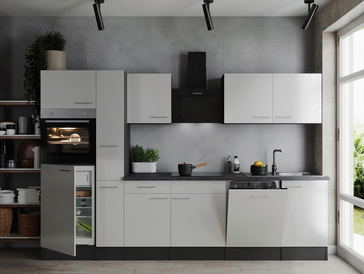 KÜCHENBLOCK 310 cm   in Grau, Weiß  - Silberfarben/Weiß, Design, Holzwerkstoff/Metall (310cm) - Respekta