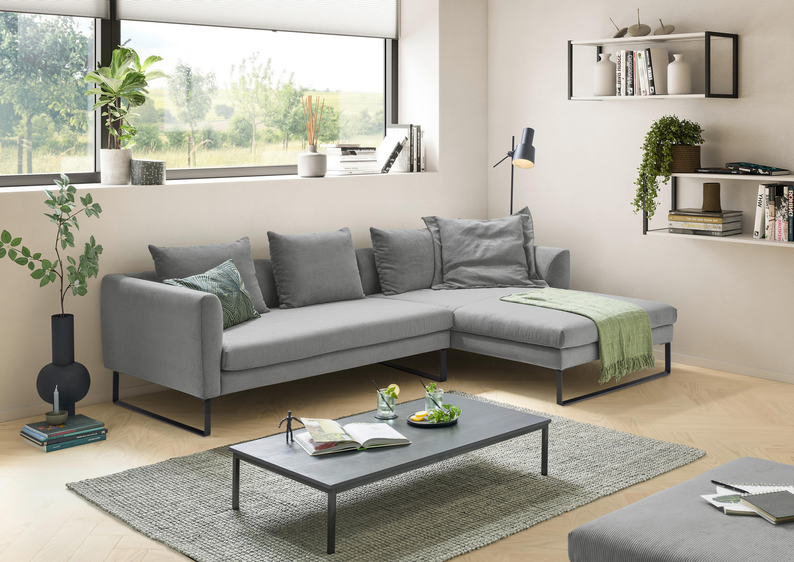 ECKSOFA Grau Feincord  - Schwarz/Grau, KONVENTIONELL, Textil/Metall (284/178cm) - Hom`in