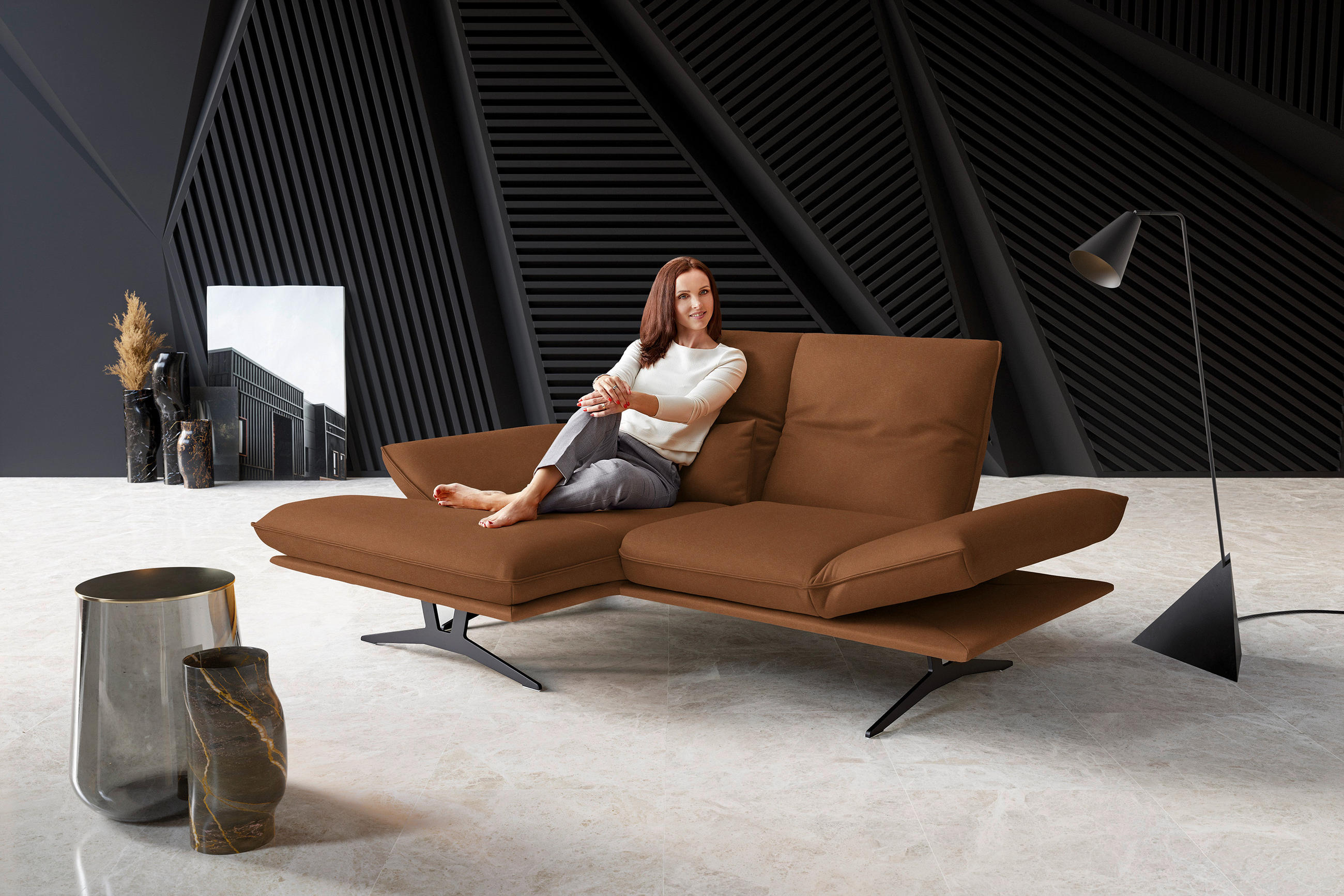 ECKSOFA in Echtleder Hellbraun  - Hellbraun/Gelb, Design, Leder/Metall (130/210cm) - Dieter Knoll
