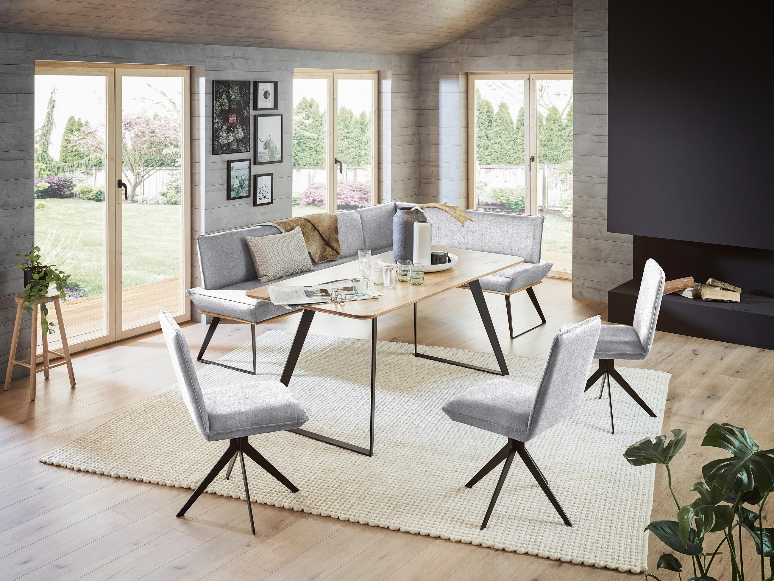 ECKBANK 183/243 cm Webstoff Schwarz, Eichefarben, Hellgrau Eiche massiv Metall   - Eichefarben/Hellgrau, Design, Holz/Textil (183/243cm) - Voleo