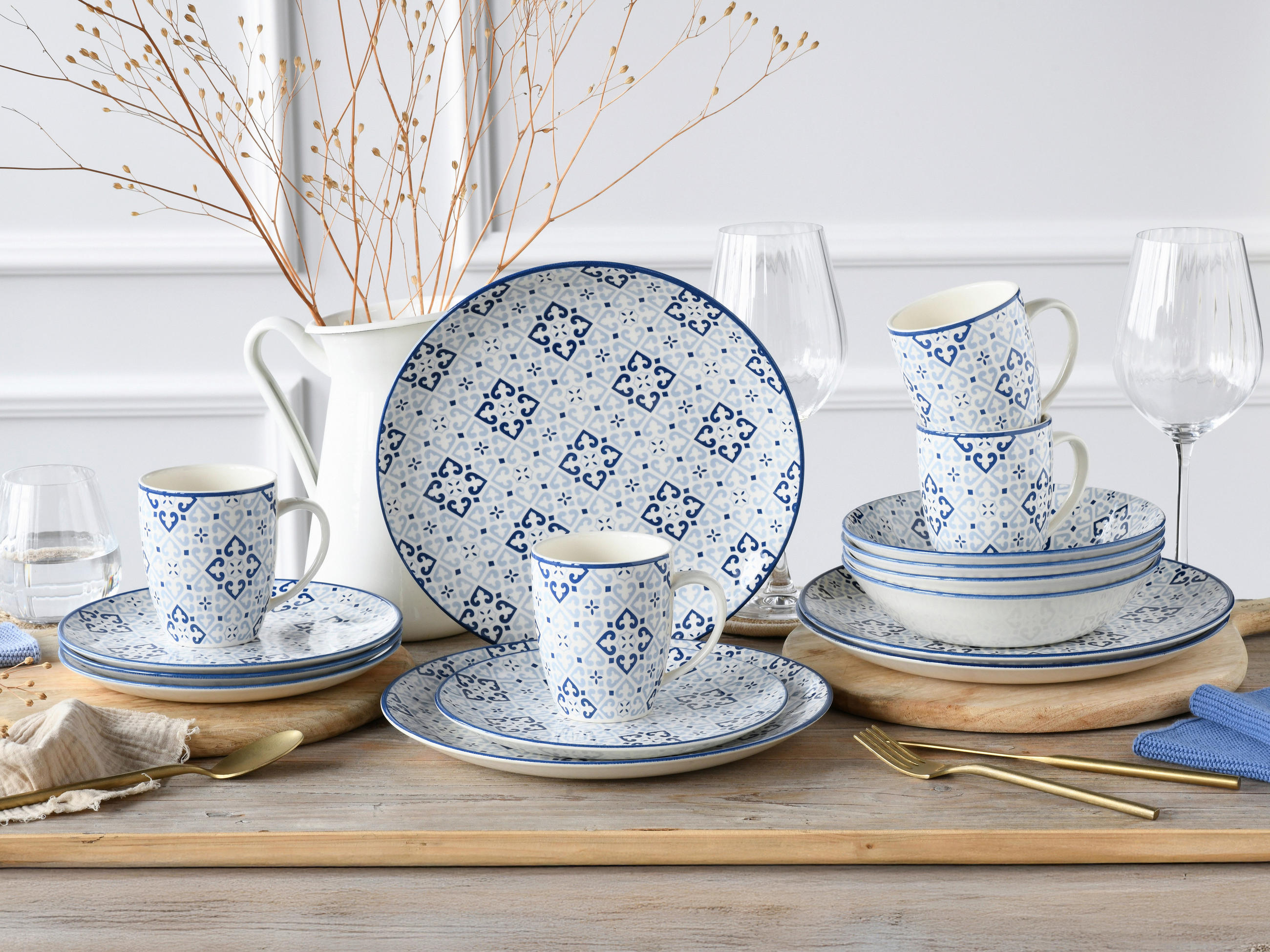 KOMBISERVICE Blau, Weiß Yara Blau 16-teilig 4 Personen  - Blau/Weiß, Basics, Keramik (32,5/32,5/31cm) - Creatable