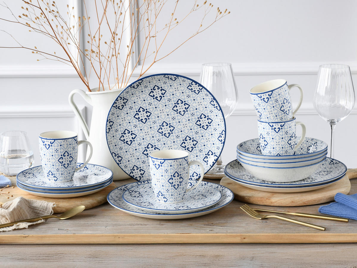 KOMBISERVICE Yara Blau 16-teilig  - Blau/Weiß, Basics, Keramik (32,5/32,5/31cm) - Creatable