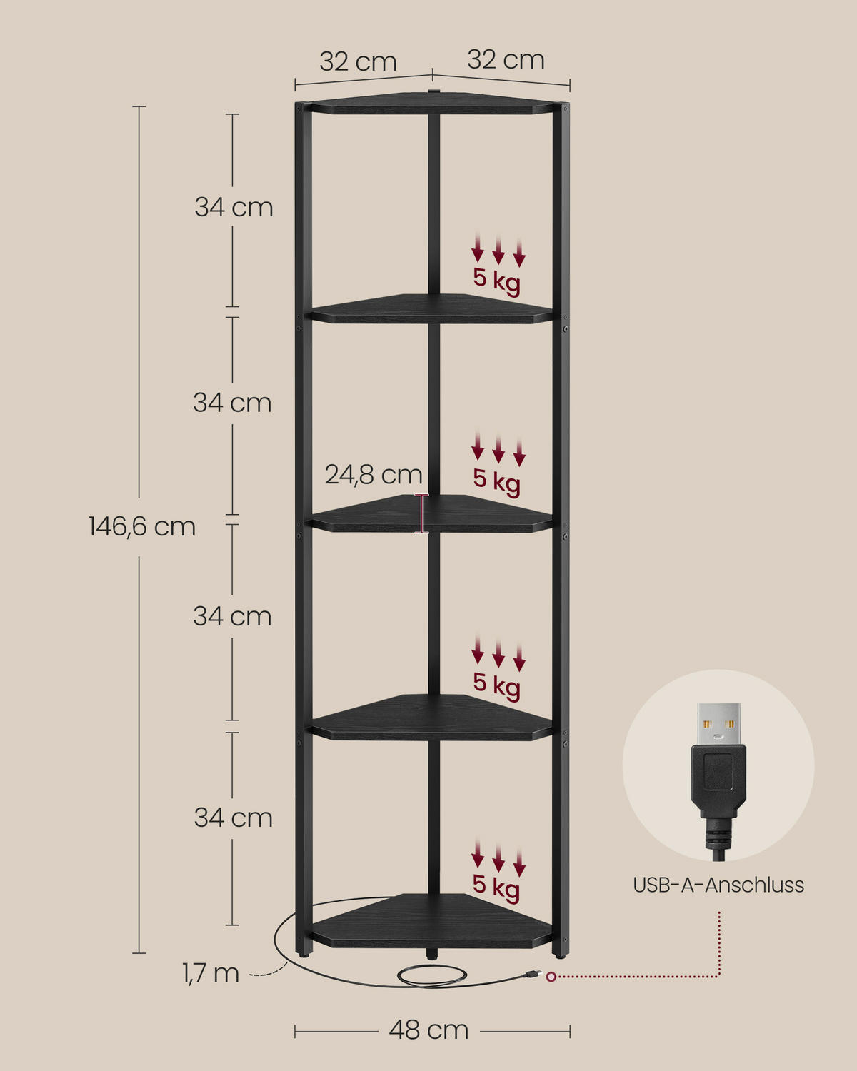 ECKREGAL in 48/146,6/24,8 cm Schwarz  - Schwarz, MODERN, Holzwerkstoff/Metall (48/146,6/24,8cm) - MID.YOU