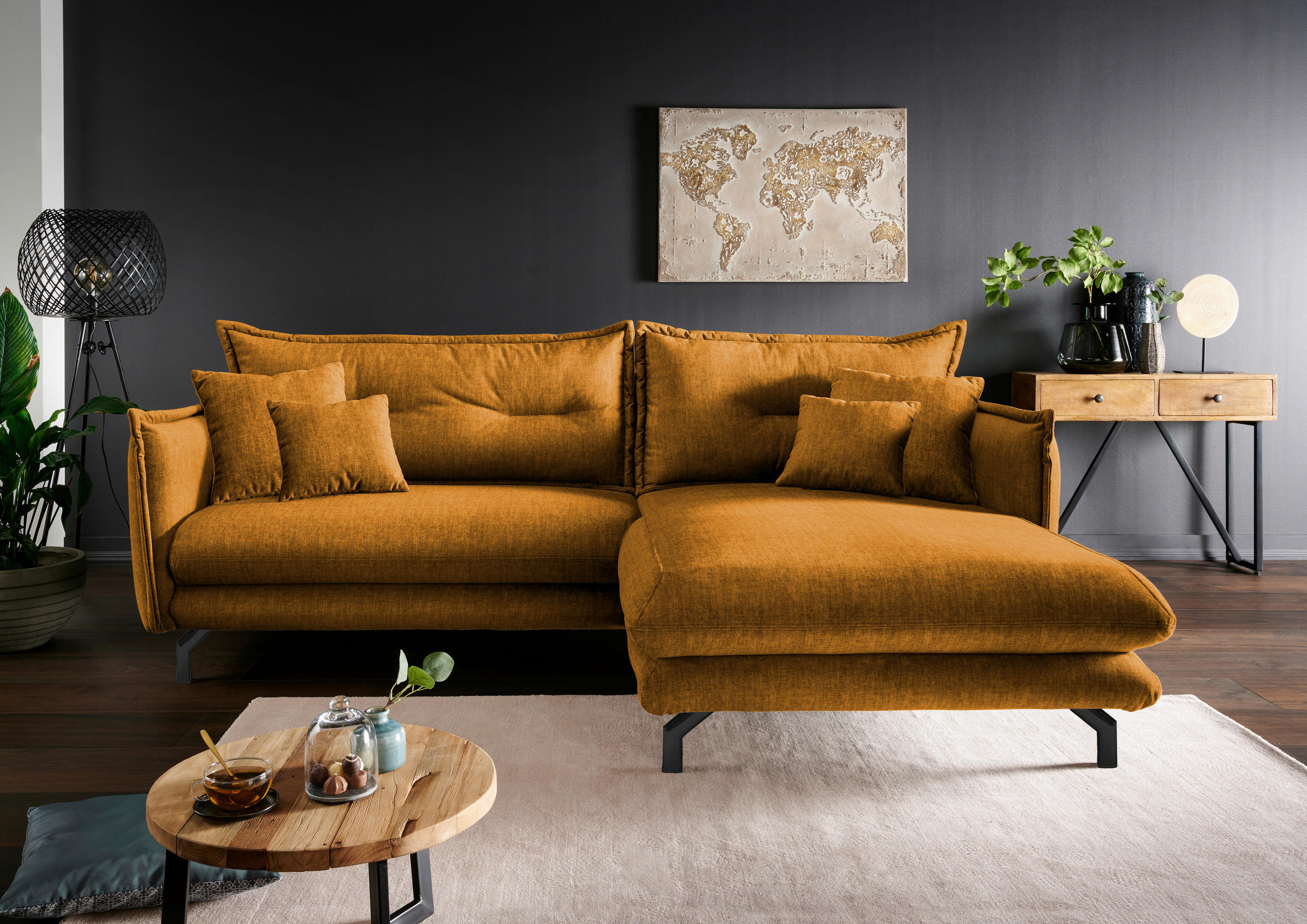 ECKSOFA in Velours Gelb  - Gelb/Multicolor, Modern, Textil/Metall (255/180cm) - Livetastic