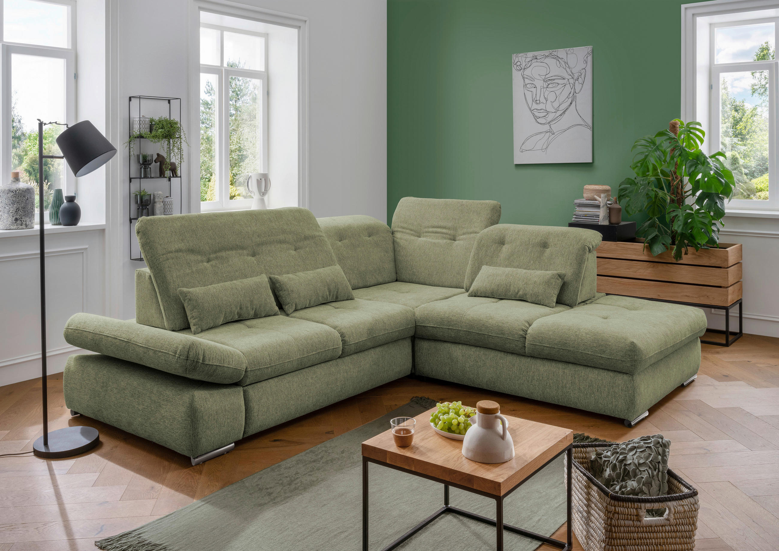 ECKSOFA Grün Chenille  - Chromfarben/Grün, Design, Textil/Metall (280/254cm) - Livetastic