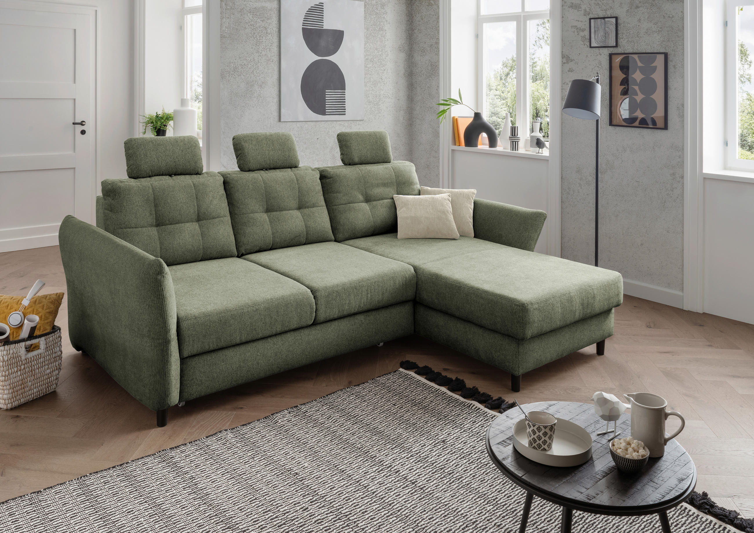 ECKSOFA in Chenille Dunkelgrün  - Dunkelgrün/Beige, Modern, Holz/Textil (250-280/176cm) - Livetastic
