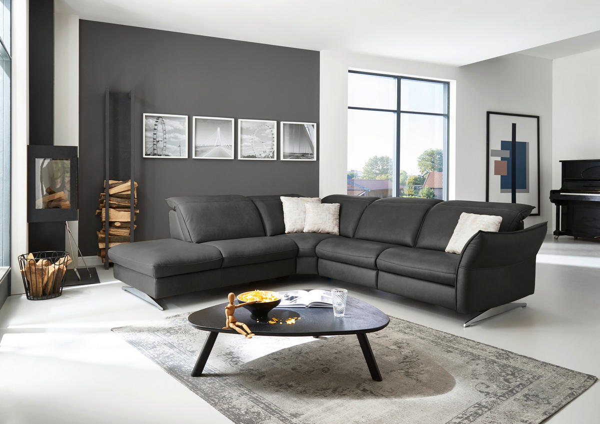 ECKSOFA in Echtleder Schwarz  - Edelstahlfarben/Schwarz, Design, Leder/Metall (258/292cm) - Hukla