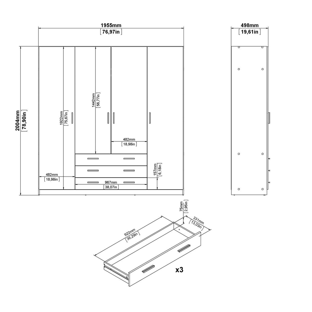 KLEIDERSCHRANK 195,5/200,4/49,6 cm 4-türig Weiß  - Schwarz/Weiß, Basics, Holzwerkstoff/Metall (195,5/200,4/49,6cm) - MID.YOU