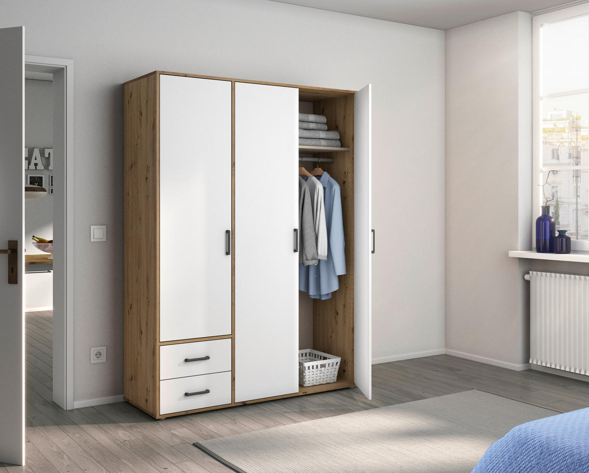GARDEROB MED GÅNGJÄRN 140/194/53 cm 3-dörrar - vit/grå, Modern, trämaterial/plast (140/194/53cm) - Rauch Möbel