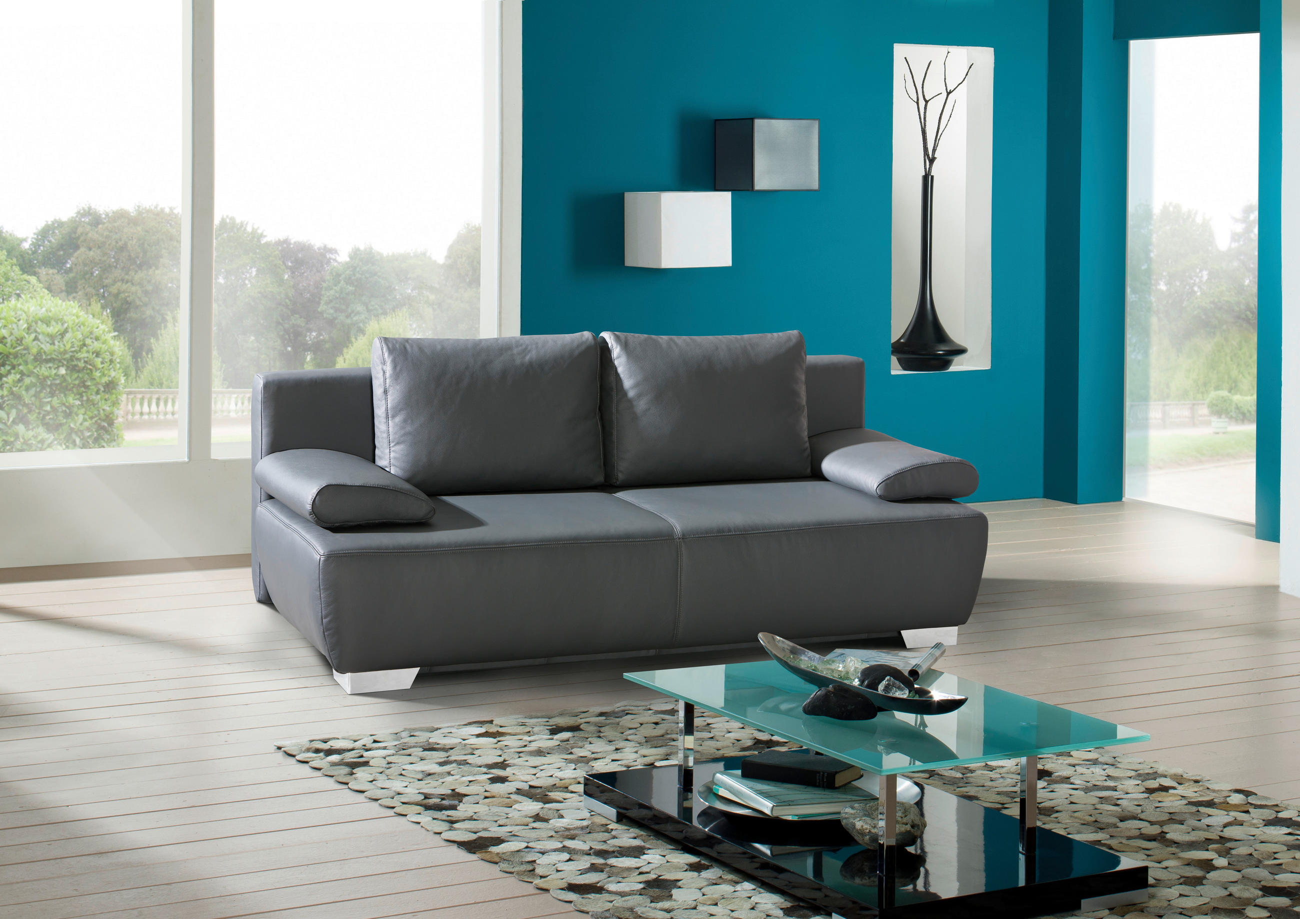 SCHLAFSOFA Anthrazit Echtleder  - Chromfarben/Anthrazit, KONVENTIONELL, Leder/Metall (195/85/90cm) - Livetastic