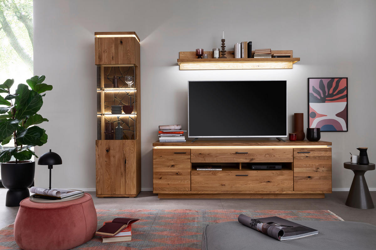 WOHNWAND 3-teilig  in Grau, Eichefarben  275/204/50 cm  - Eichefarben/Anthrazit, Natur, Glas/Holz (275/204/50cm) - Linea Natura