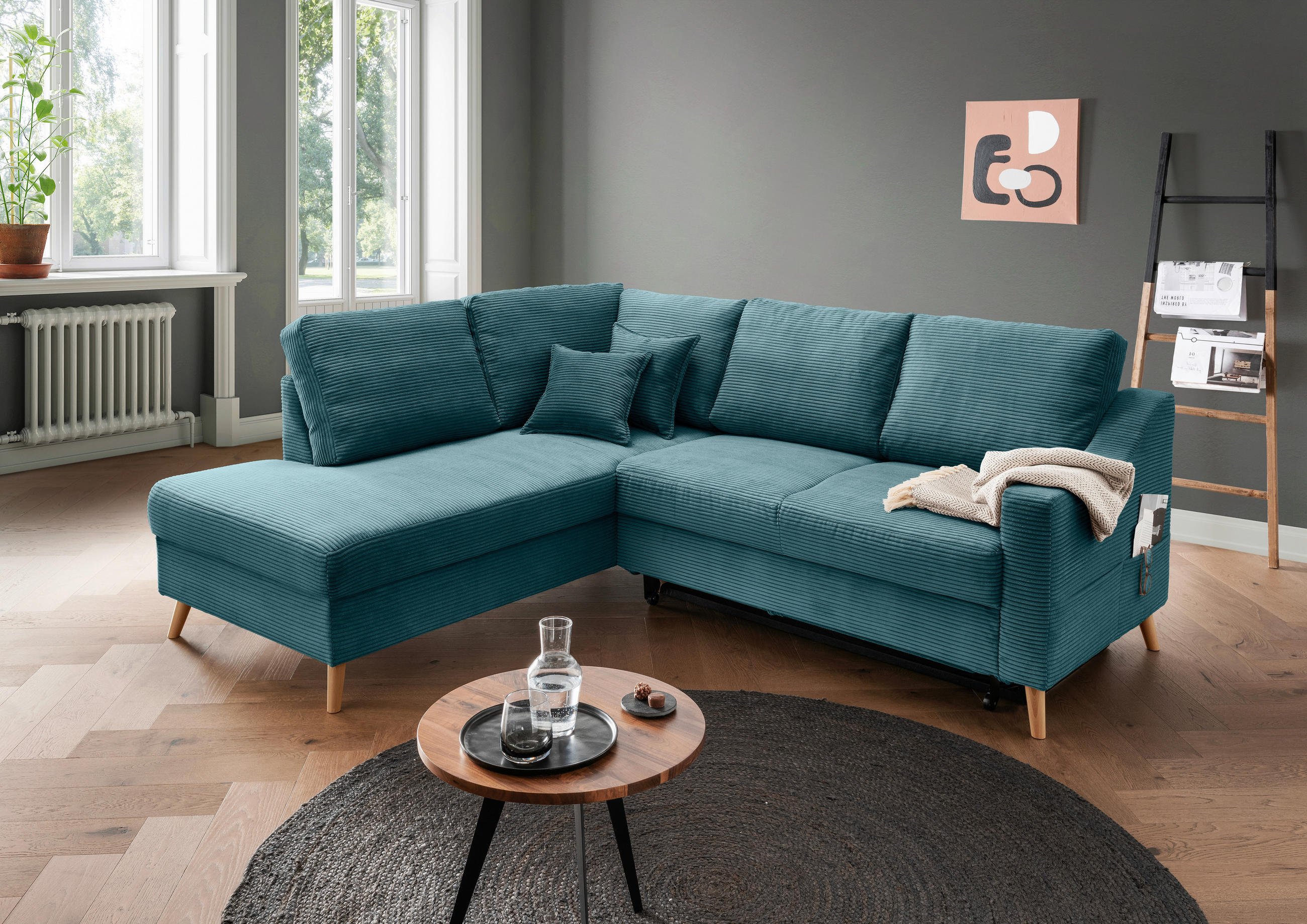ECKSOFA Valentina Petrol Cord  - Petrol/Naturfarben, MODERN, Holz/Textil (200/230cm) - Livetastic