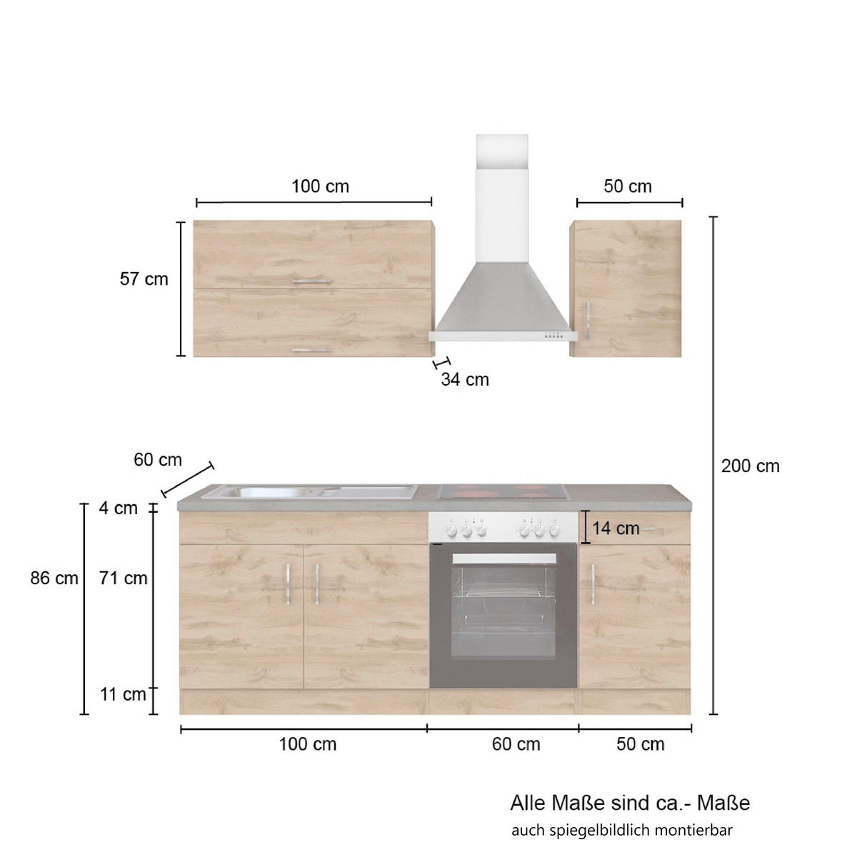 MODULKÖK 210 cm   i skifferfärgad, ek Wotan  - ek Wotan/kromfärg, Modern, metall/trämaterial (210cm) - Held
