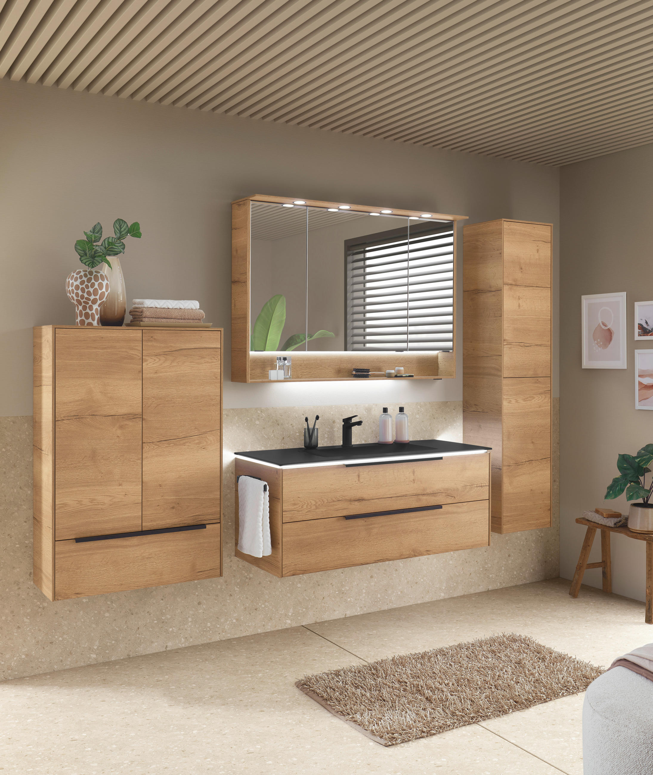 MIDISCHRANK 72/109/33 cm  - Eichefarben/Schwarz, Design, Glas/Holzwerkstoff (72/109/33cm) - Musterring