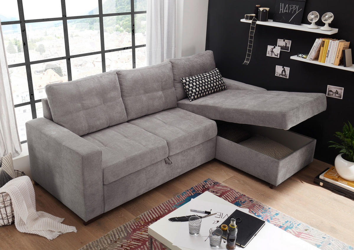 ECKSOFA Hellgrau Mikrovelours  - Hellgrau/Schwarz, Basics, Kunststoff/Textil (230/154cm) - MID.YOU
