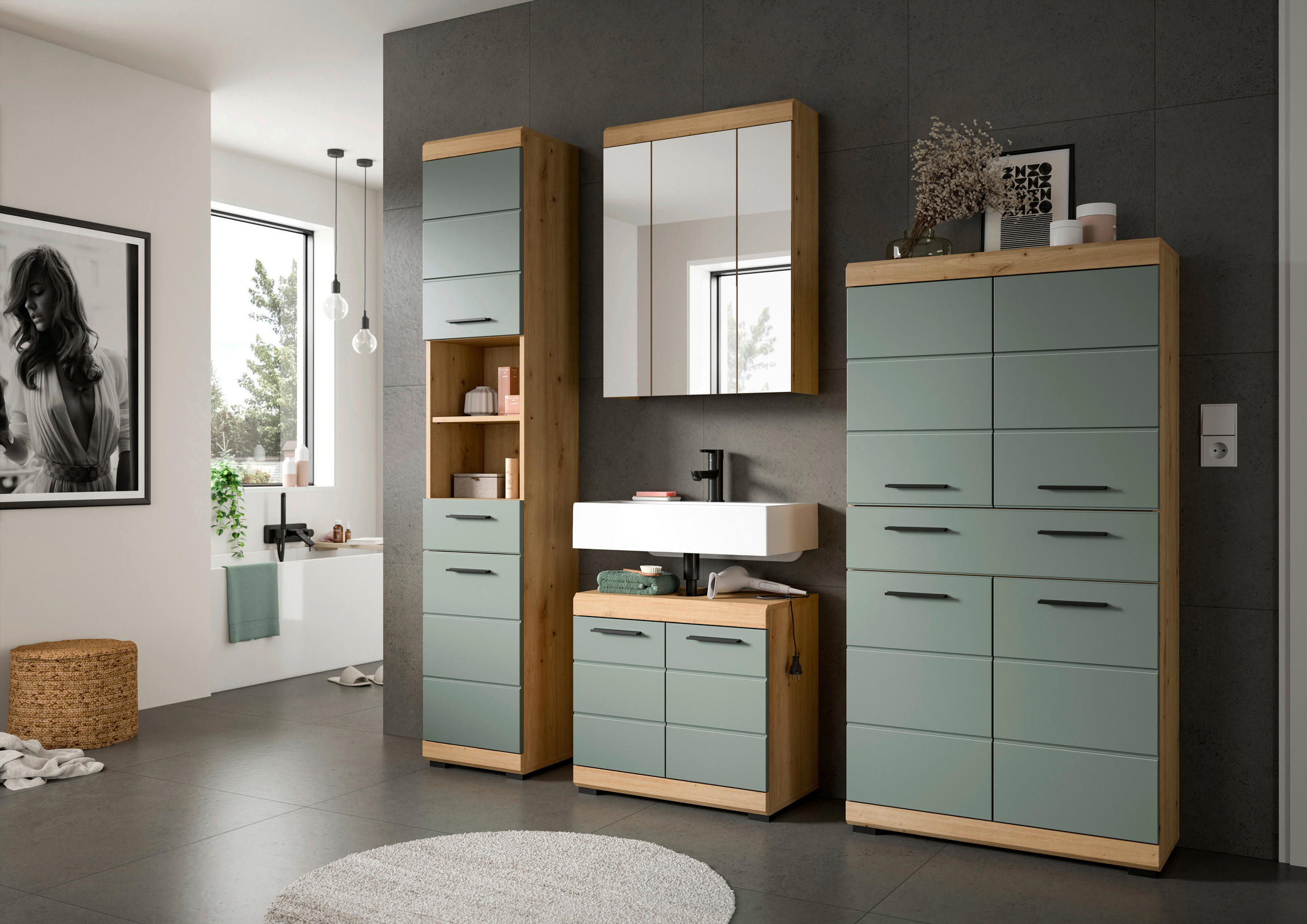 MIDISCHRANK 74/141/31 cm  - Salbeigrün/Schwarz, MODERN, Holzwerkstoff/Kunststoff (74/141/31cm) - MID.YOU
