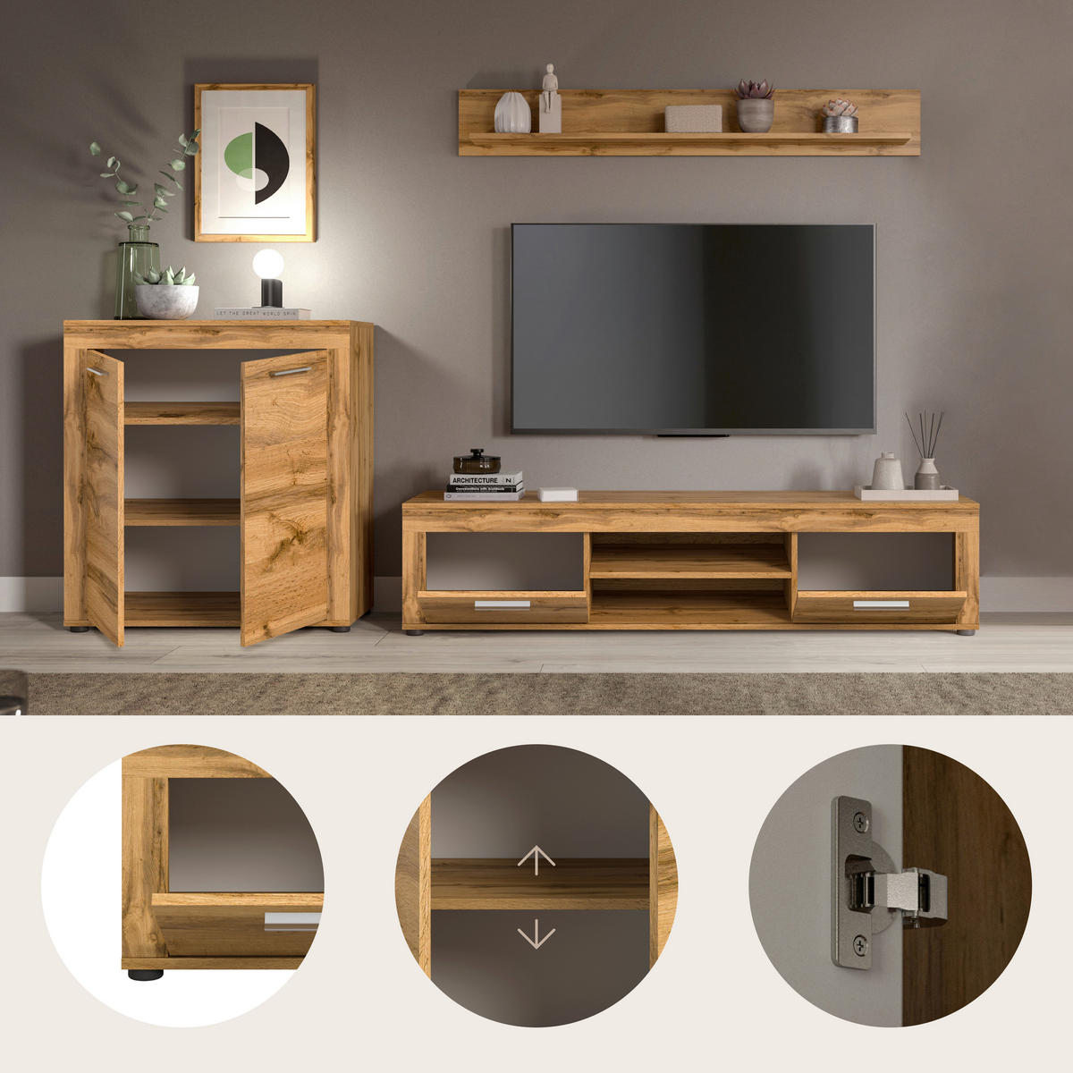WOHNWAND 3-teilig  in Eiche Wotan  255/159/35 cm  - Silberfarben/Eiche Wotan, Design, Holzwerkstoff/Kunststoff (255/159/35cm) - MID.YOU
