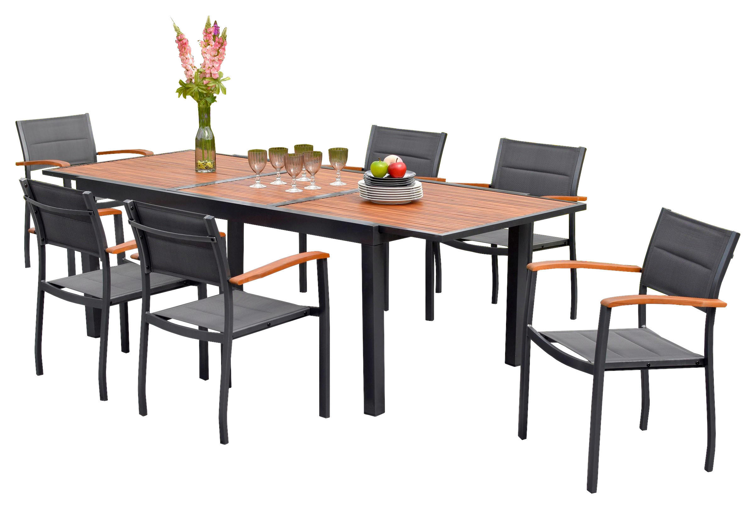 GARTENGARNITUR 7-teilig Akazie massiv Aluminium  - Graphitfarben/Naturfarben, MODERN, Holz/Kunststoff - Gardenson