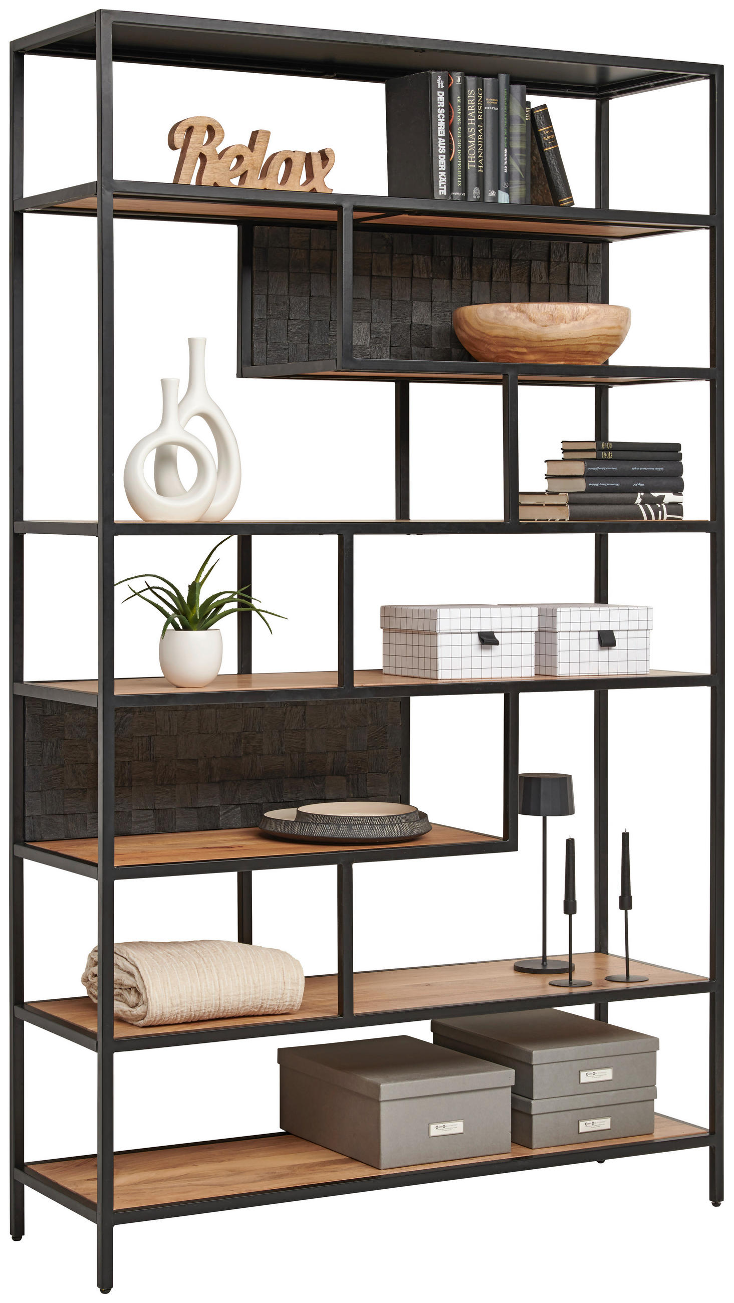 REGAL  120/201/38 cm Schwarz, Akaziefarben  - Schwarz/Akaziefarben, Design, Holz/Metall (120/201/38cm) - Ambia Home