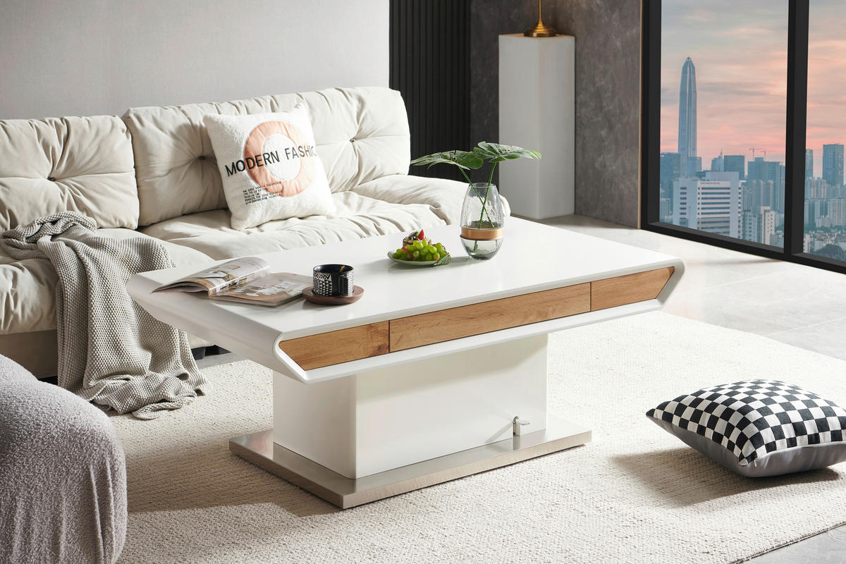 COUCHTISCH 130/70/49,5-77,5 cm rechteckig Weiß, Eichefarben  - Eichefarben/Weiß, Design, Holzwerkstoff/Metall (130/70/49,5-77,5cm) - Livetastic