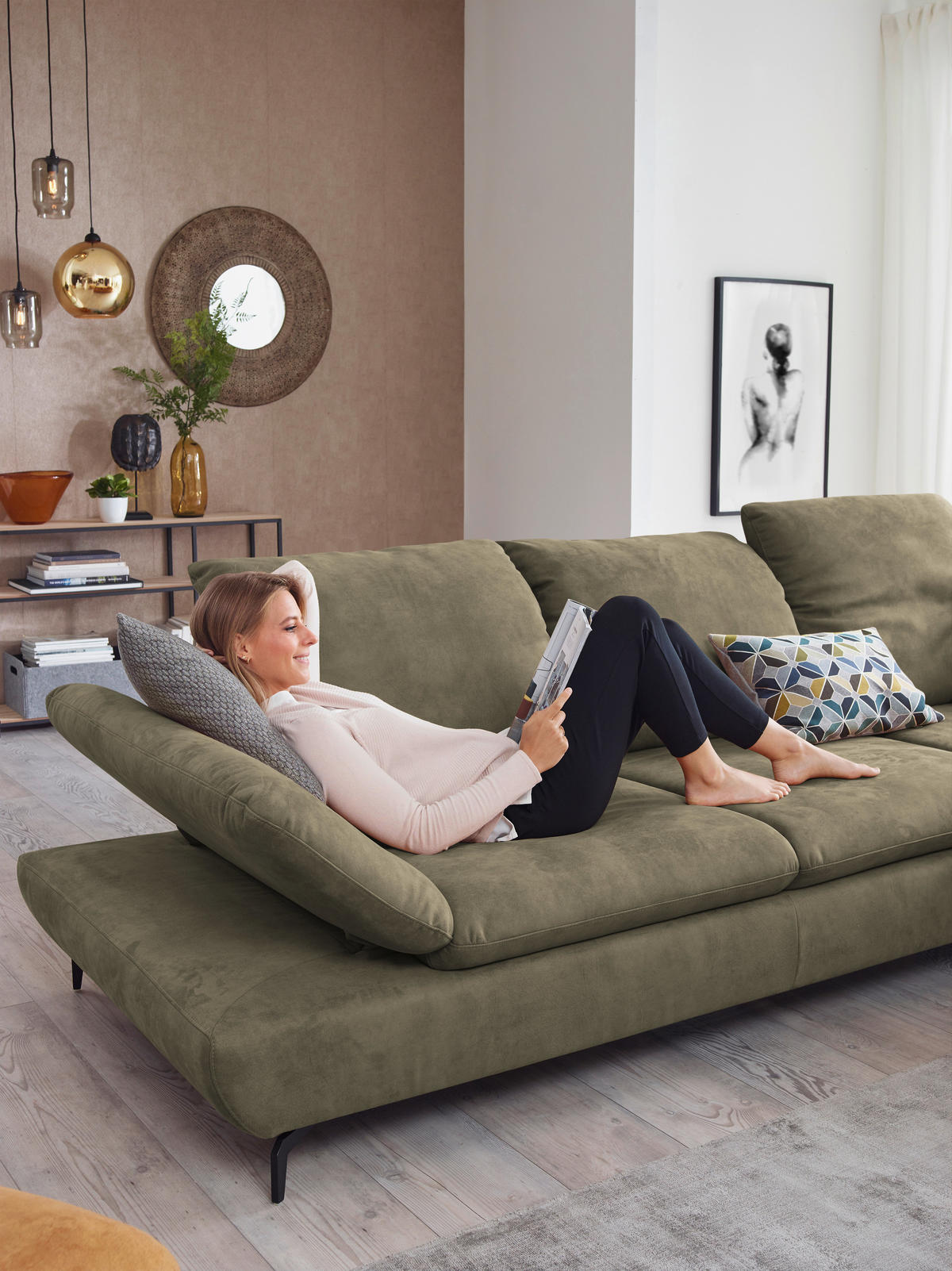ECKSOFA in Flachgewebe Olivgrün  315/200 cm  - Schwarz/Olivgrün, Design, Textil/Metall (315/200cm) - Chilliano