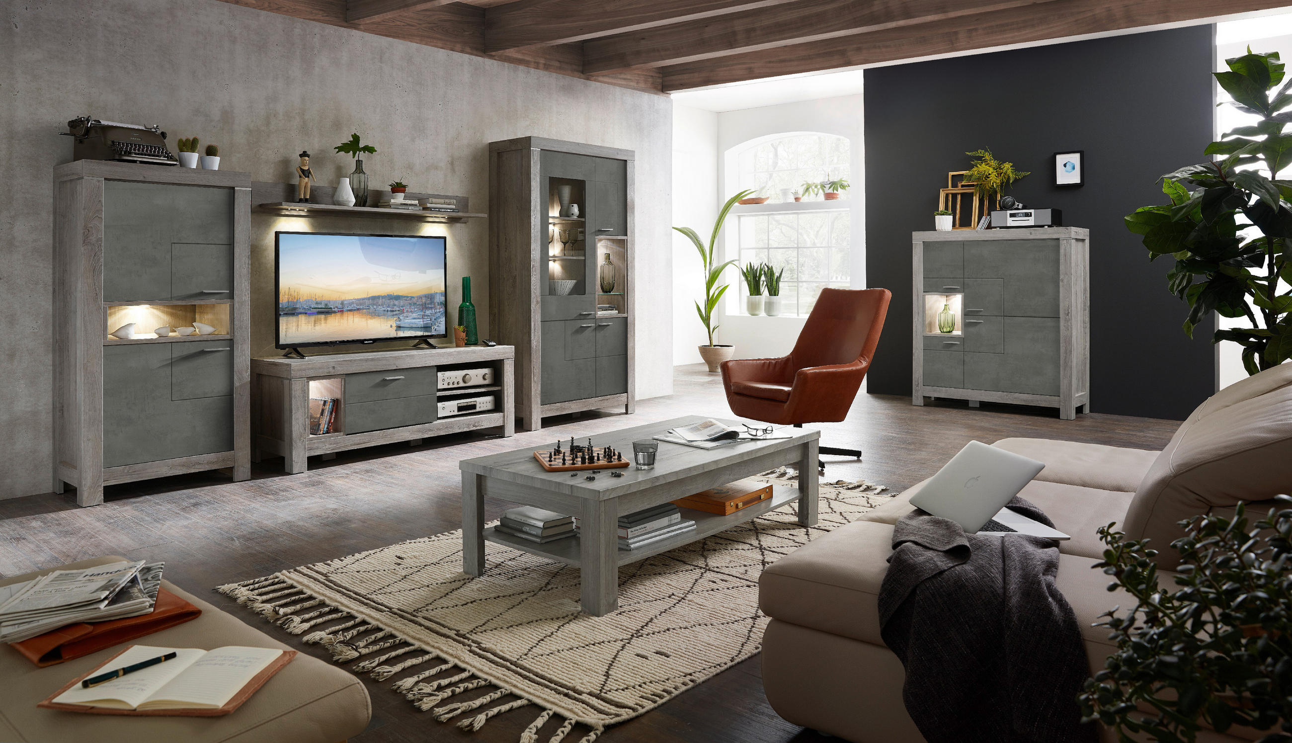 HIGHBOARD Eichefarben, Dunkelgrau - Eichefarben/Dunkelgrau, LIFESTYLE, Holzwerkstoff/Metall (118/140/42cm) - Landscape