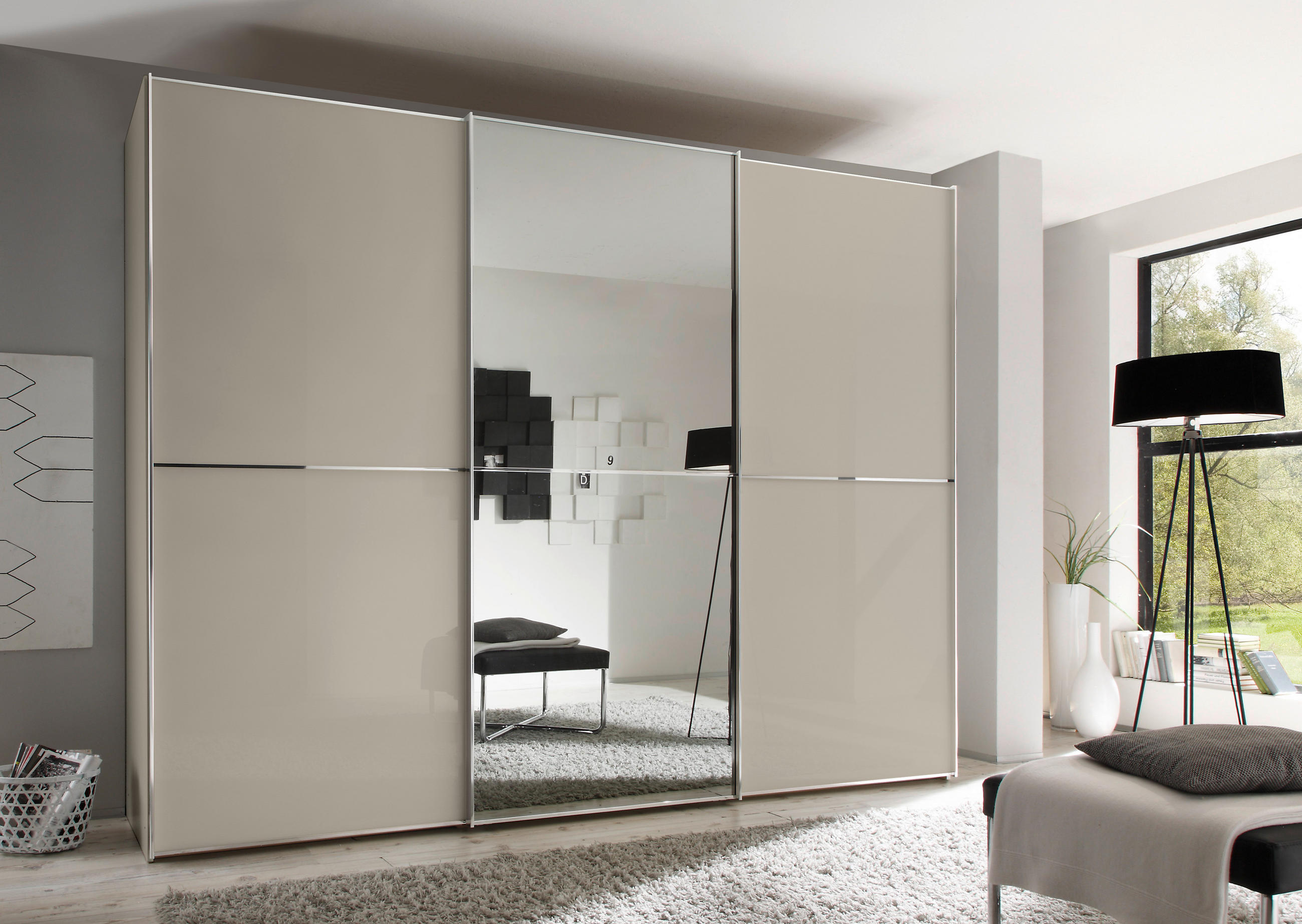 SCHWEBETÜRENSCHRANK 280/240/68 cm 3-türig Sandfarben  - Sandfarben/Chromfarben, Design, Glas/Holzwerkstoff (280/240/68cm) - Moderano