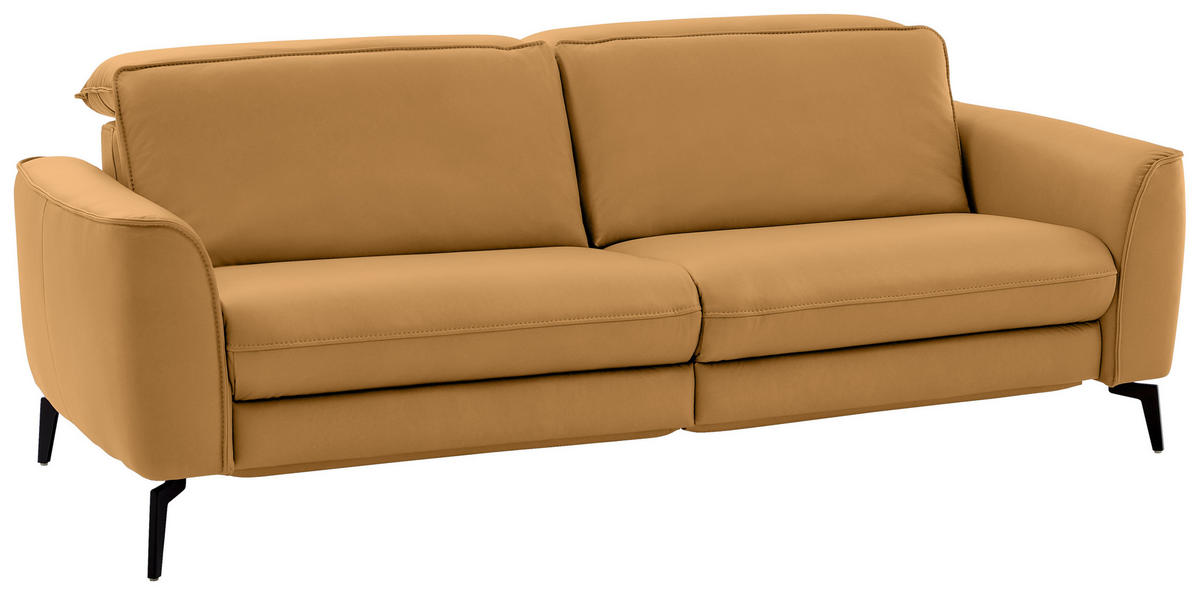 3-SITZER-SOFA in Echtleder Currygelb  - Currygelb/Schwarz, Natur, Leder/Metall (222/81/110cm) - Valdera