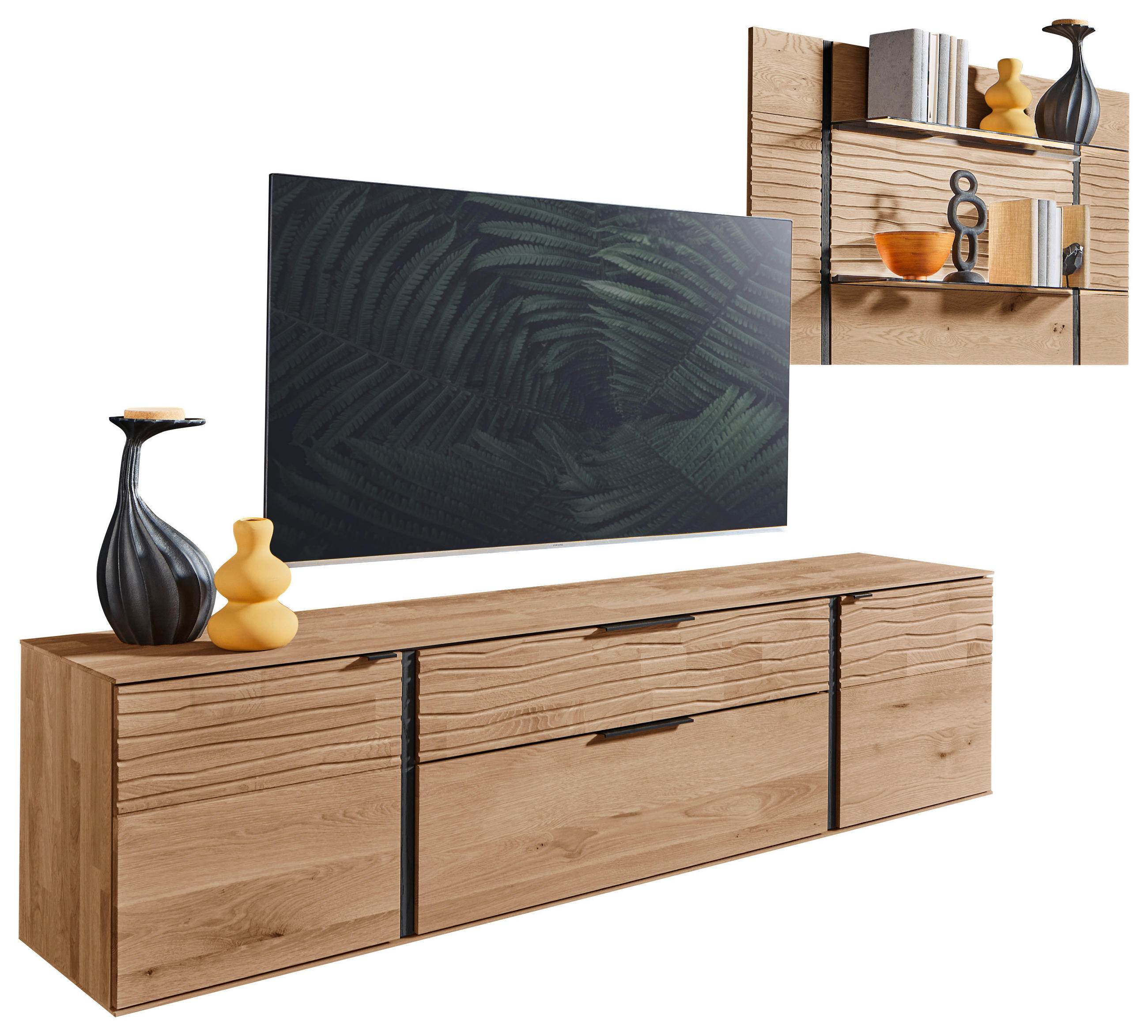 WOHNWAND  Eichefarben 284/184/44 cm  - Eichefarben/Anthrazit, Natur, Glas/Holz (284/184/44cm) - Valnatura