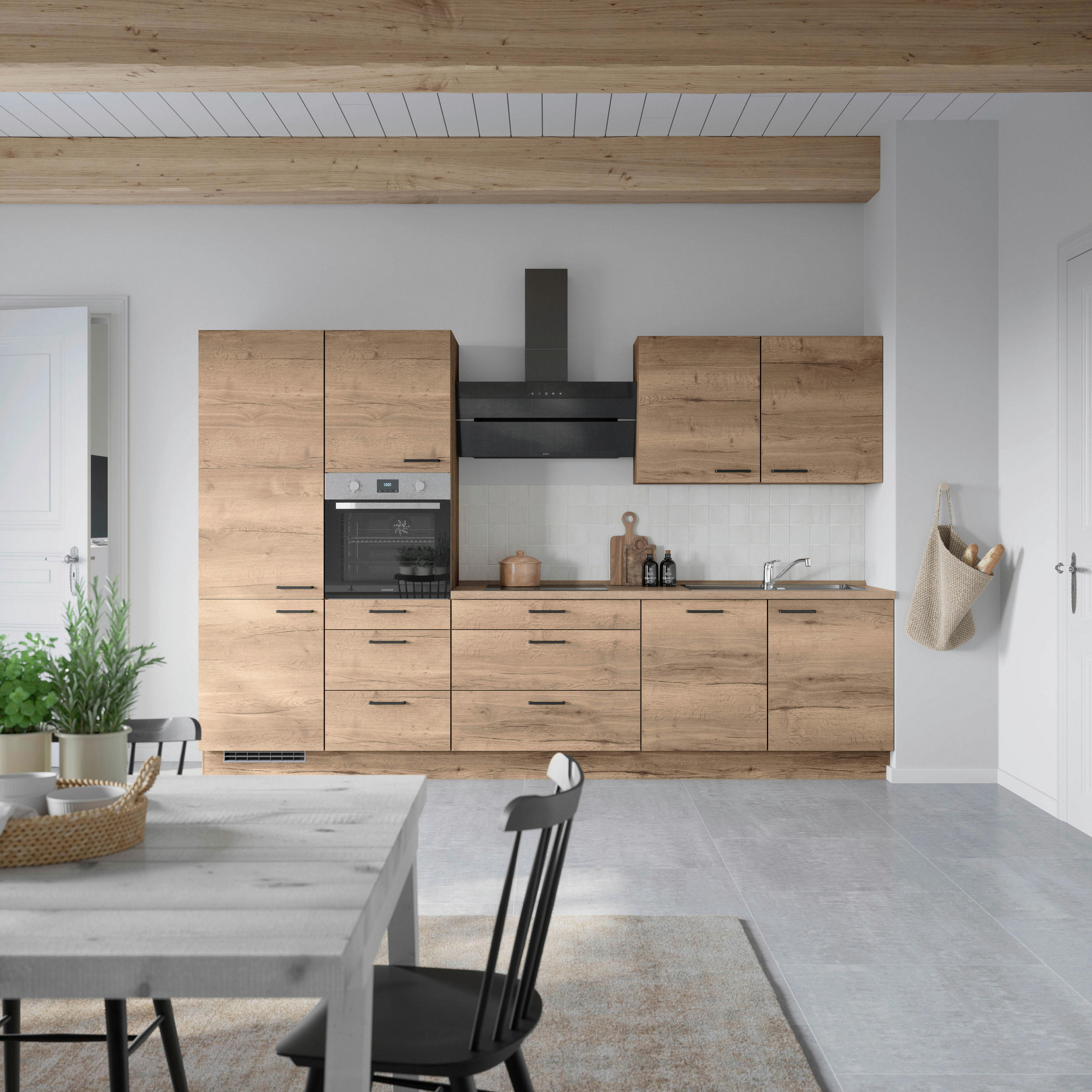 BUCĂTĂRIE FĂRĂ ELECTROCASNICE  - stejar închis la culoare/negru, Modern, metal/material pe bază de lemn (330cm) - Nobilia
