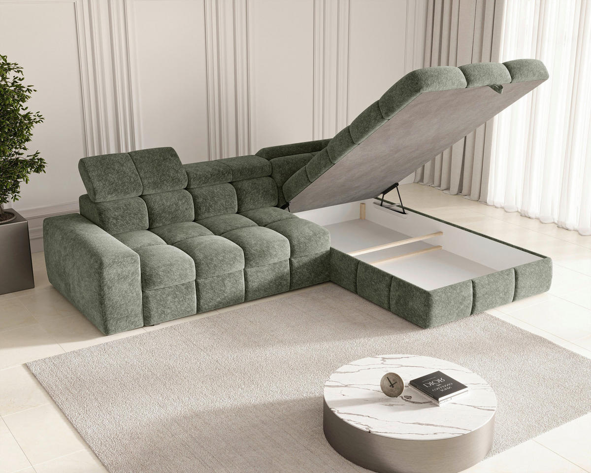 ECKSOFA  in Chenille Dunkelgrün  - Dunkelgrün/Schwarz, MODERN, Kunststoff/Textil (292/204cm) - Milino