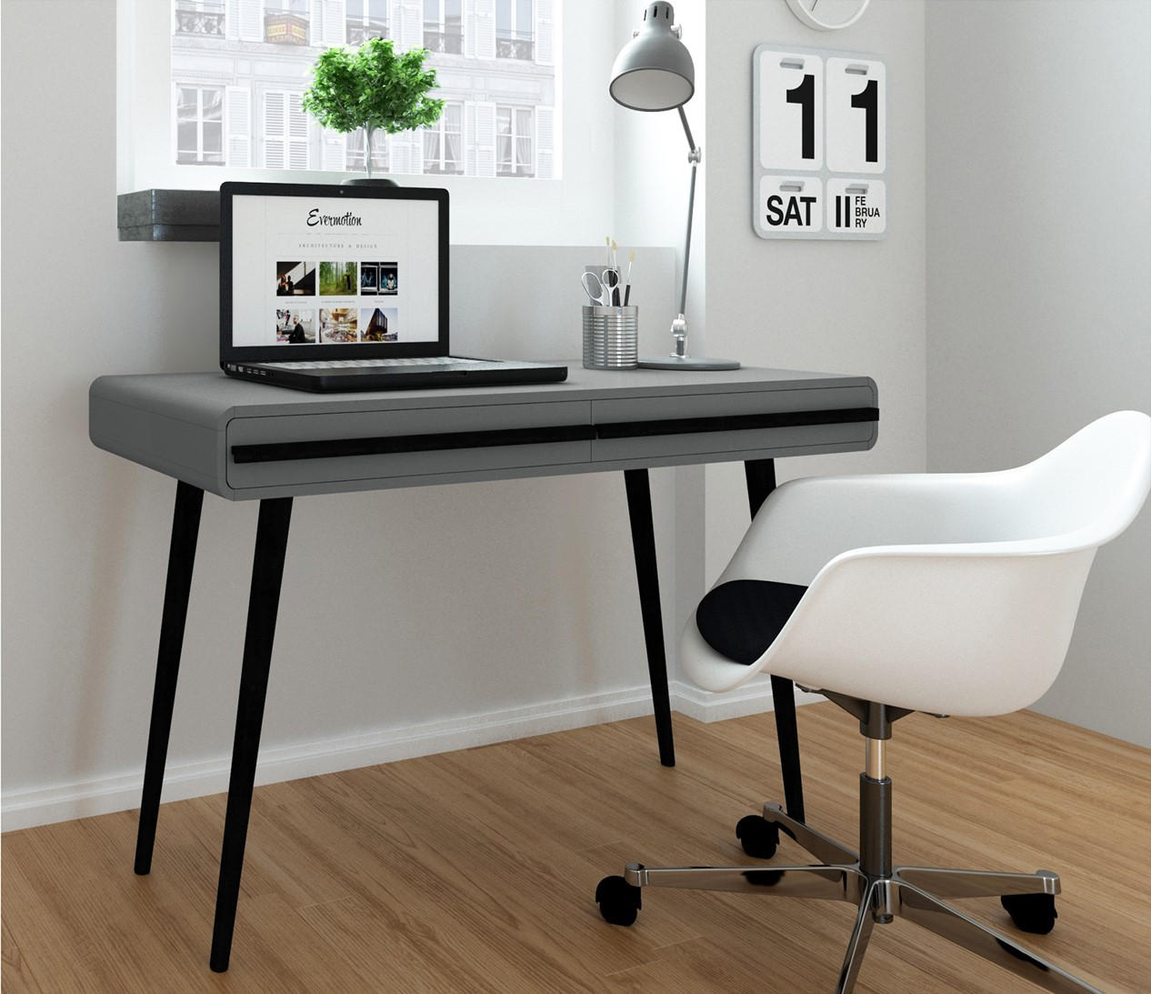 Thumbnail - Mid.you Schreibtisch Chantal, Schwarz, Eiche, Holzwerkstoff, 1 Schublade(n) Schubladen, Rundrohr, 120x77x50 cm, gastro- ...