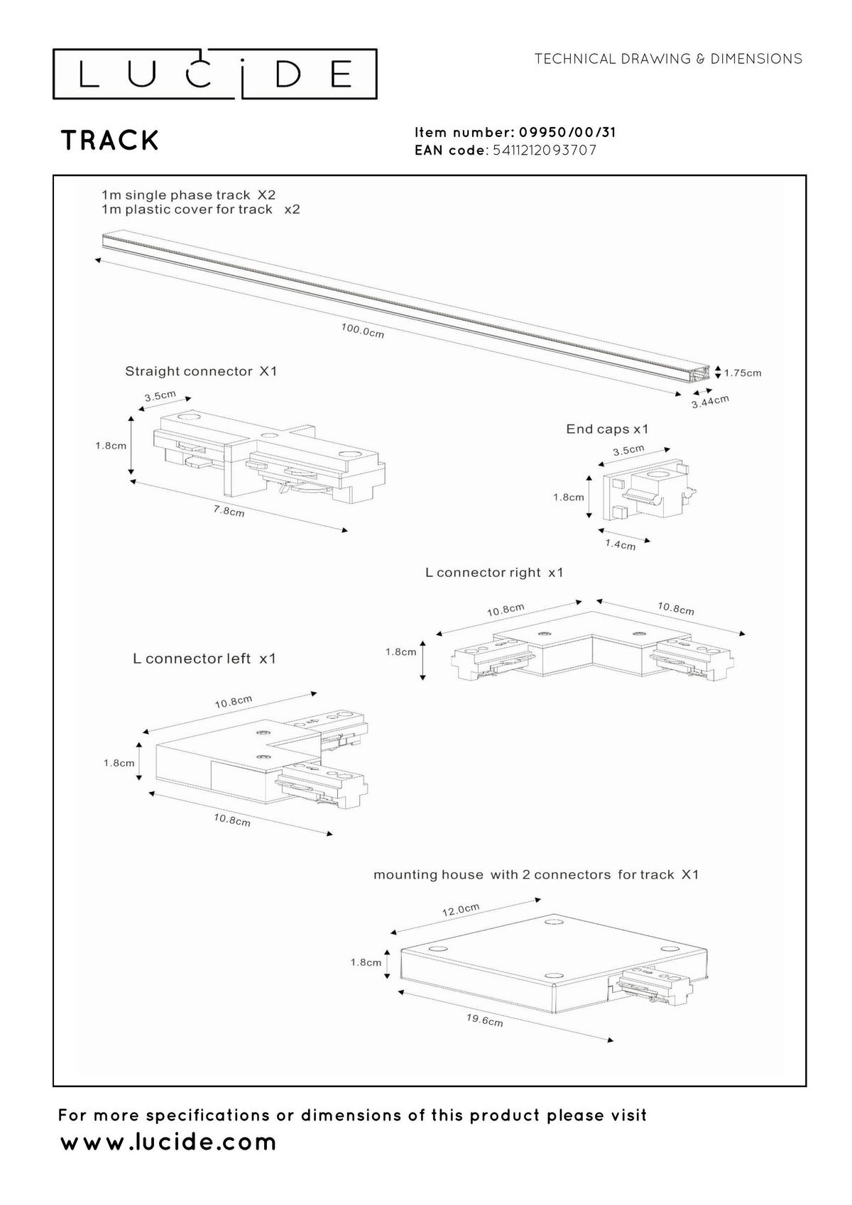 SCHIENENSYSTEM Track 105/16.5/7.5 cm   - Weiß, Basics, Metall (105/16.5/7.5cm) - Lucide