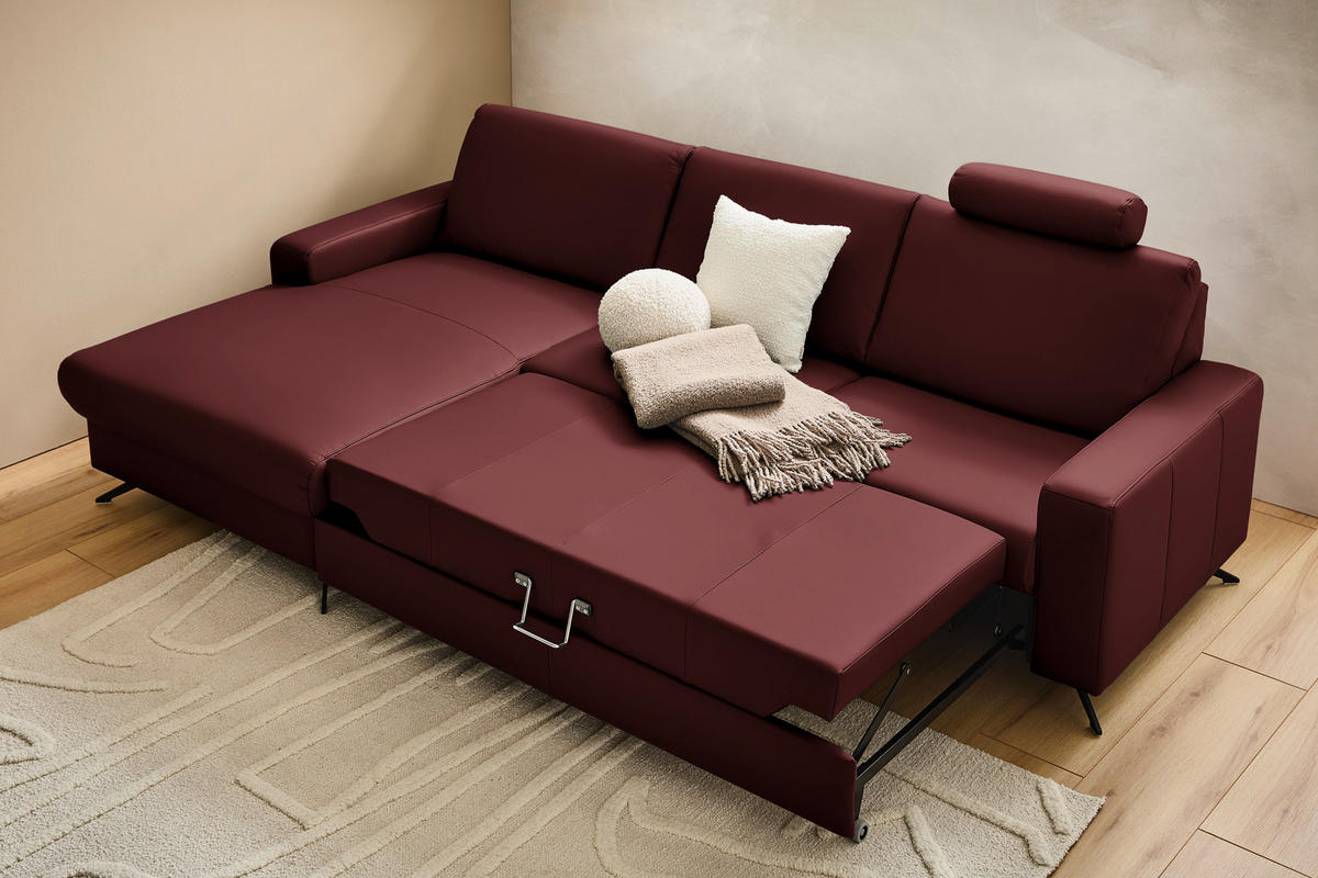 ECKSOFA in Echtleder Brombeere  165/267 cm  - Brombeere/Schwarz, Design, Leder/Metall (165/267cm) - Lomoco