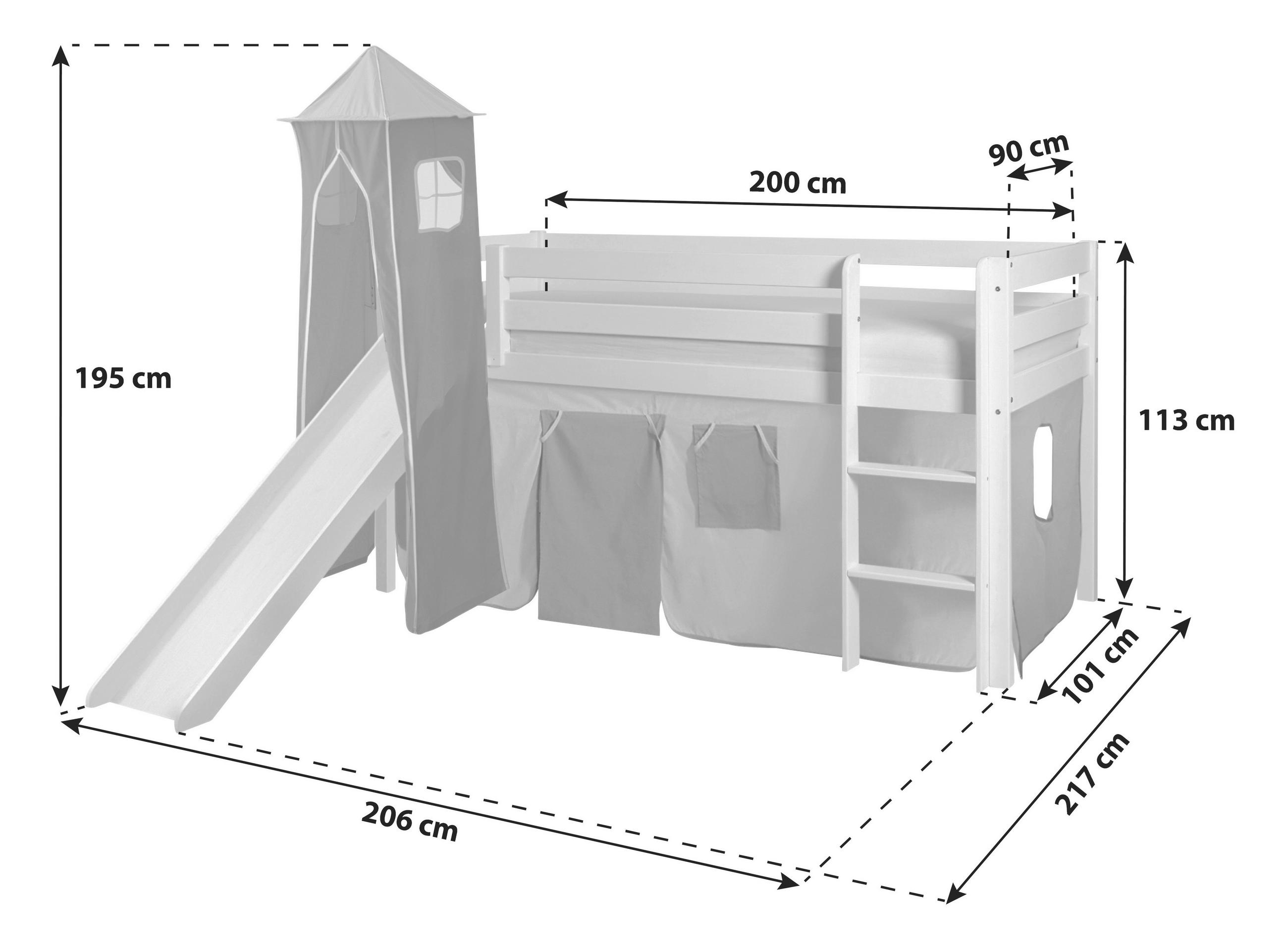 SPIELBETT Absturzsicherung, Leiter, Rutsche, Turm, Vorhang 90/200 cm  in Rosa, Kieferfarben, Hellrosa  - Hellrosa/Rosa, Natur, Holz (90/200cm) - MID.YOU