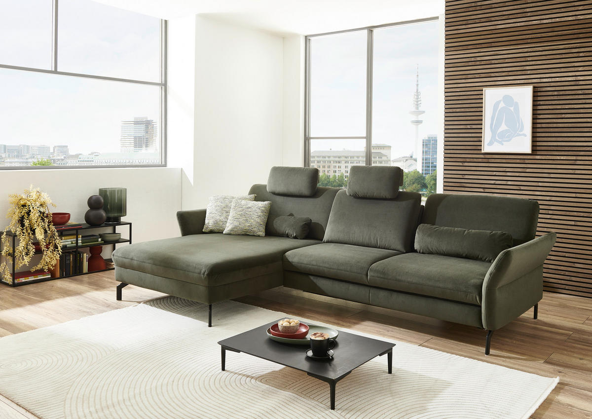 ECKSOFA in Velours Olivgrün  - Schwarz/Olivgrün, Design, Textil/Metall (179/306cm) - Beldomo System