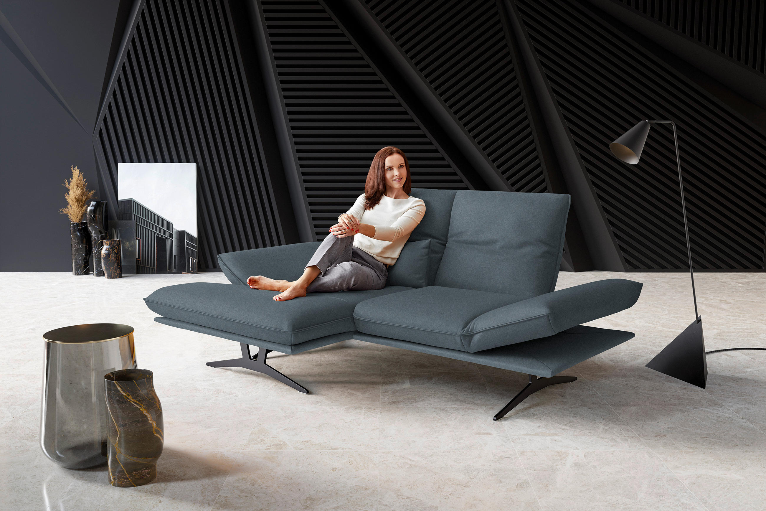 ECKSOFA in Echtleder Blau  130/210 cm  - Blau/Gelb, Design, Leder/Metall (130/210cm) - Dieter Knoll
