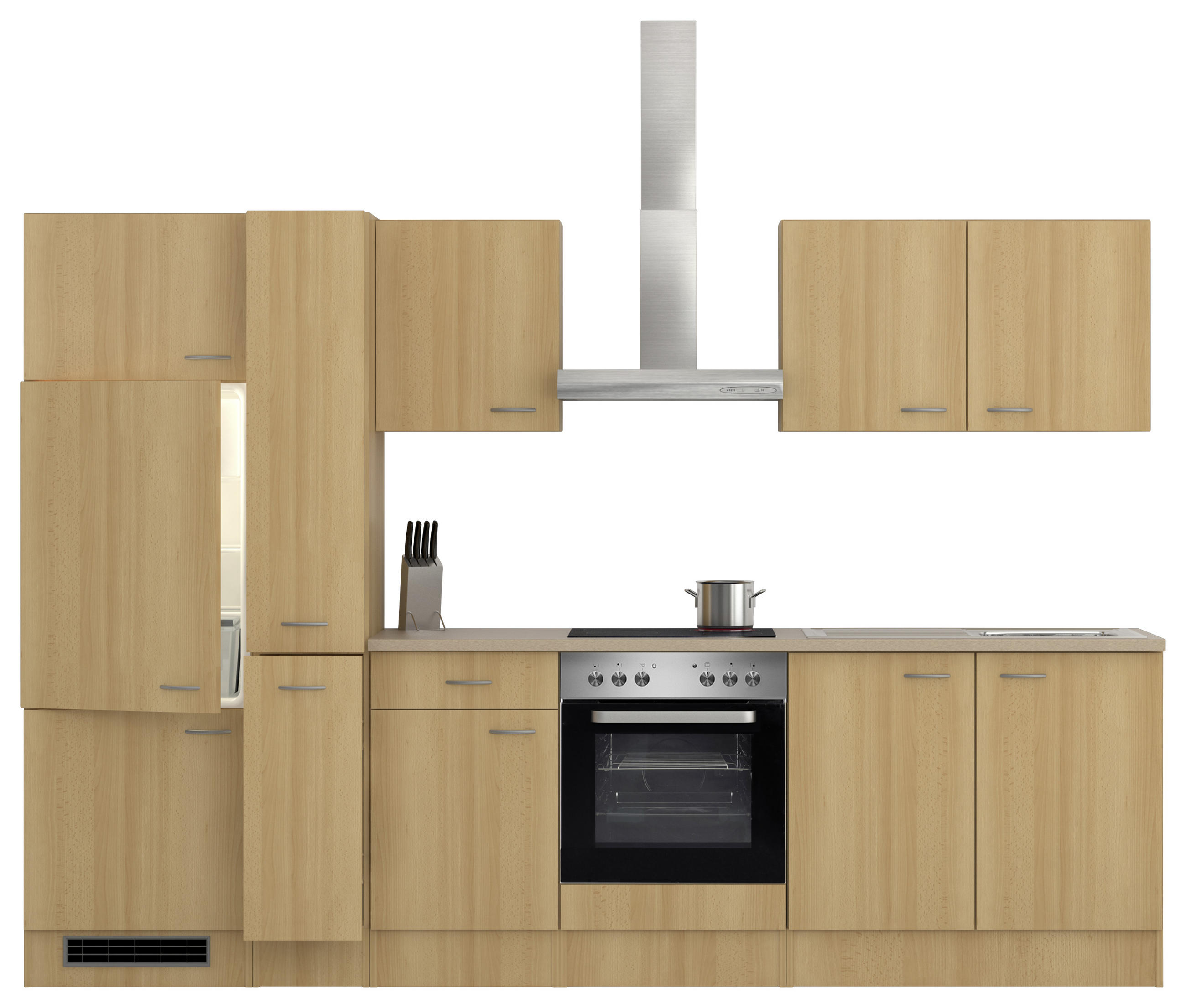 KÜCHENBLOCK 300 cm in Creme, Buchefarben, Edelstahlfarben - Edelstahlfarben/Buchefarben, MODERN (300cm) - MID.YOU