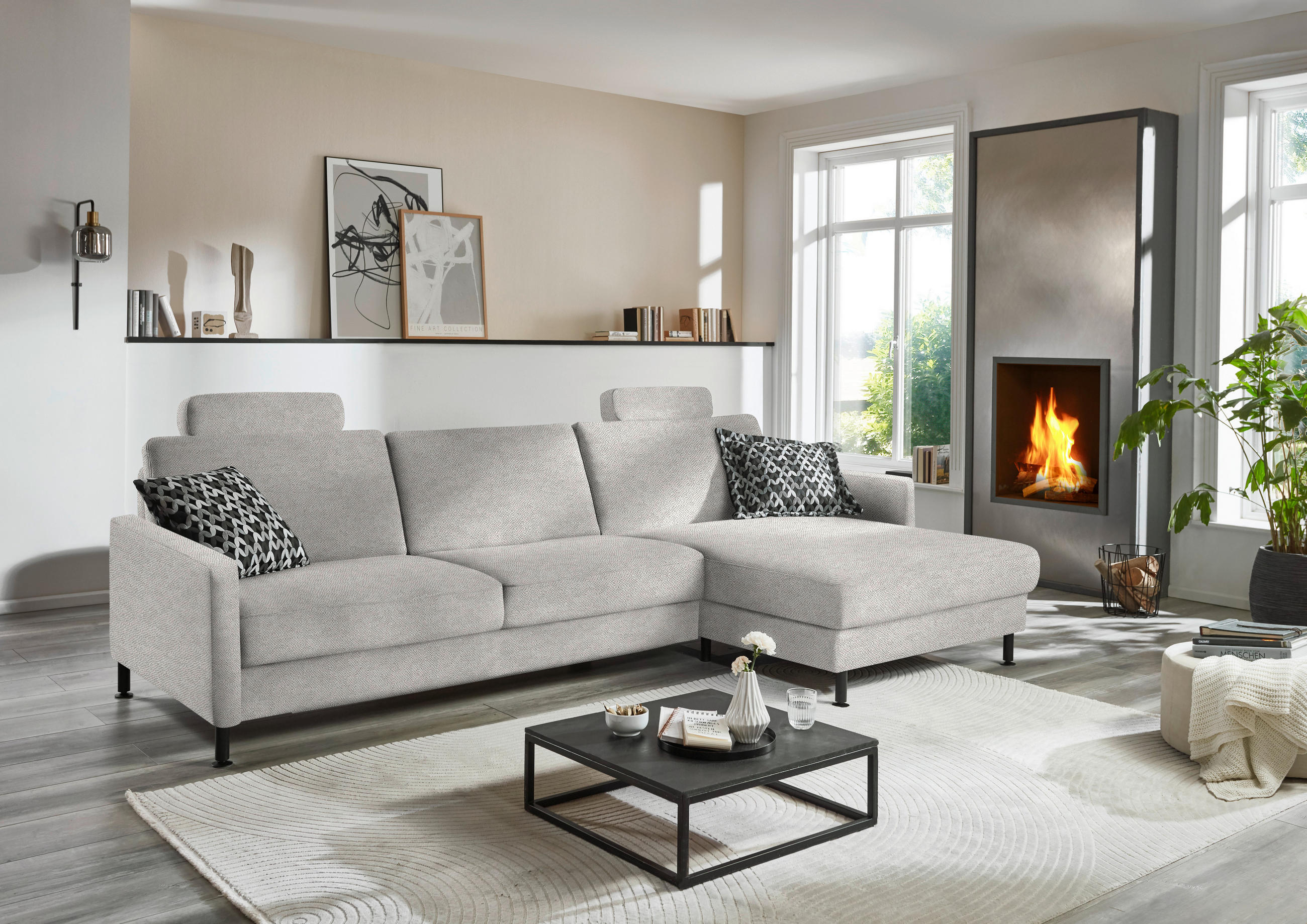 ECKSOFA  in Chenille, Flachgewebe Cappuccino  316/175 cm  - Schwarz/Cappuccino, Design, Textil/Metall (316/175cm) - Dieter Knoll